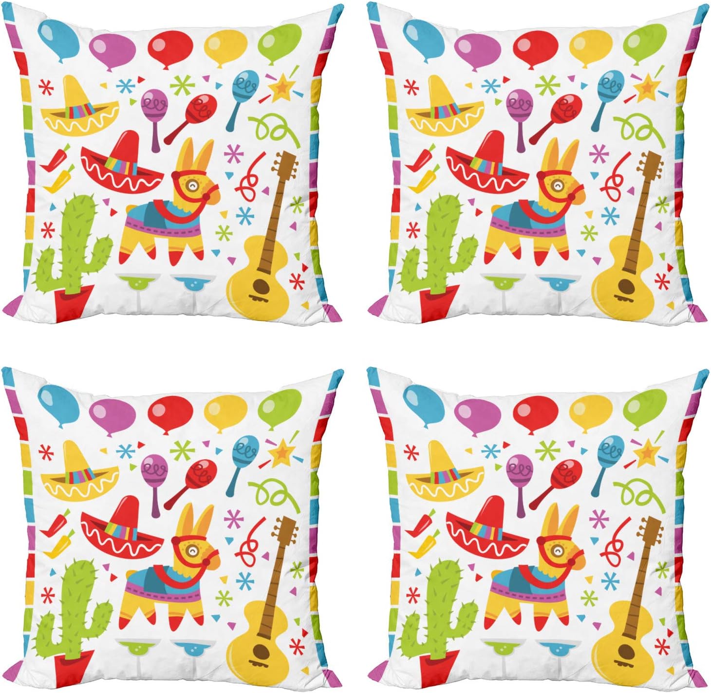 Ambesonne Fiesta Throw Pillow Cushion Case Pack of 4, Mexican Party Pattern Cactus Sombrero Musical Items and a Pinata Inspirations, Modern Accent Double-Sided Digital Printing, 18", Red Yellow