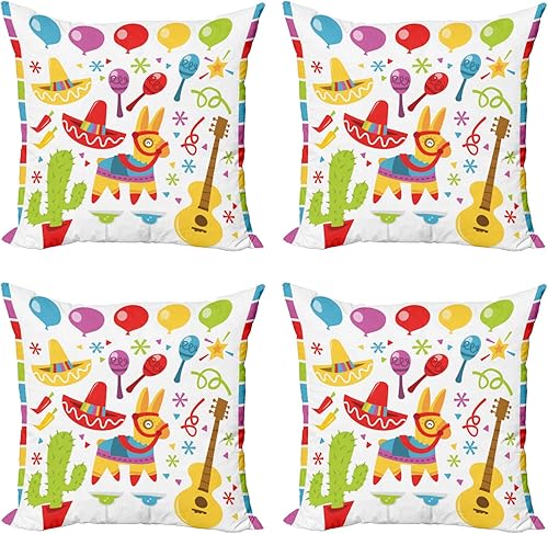 Ambesonne Fiesta - Juego de 4 fundas de cojín con diseño de cactus mexicano, artículos musicales e inspiraciones de piñata, impresión digital