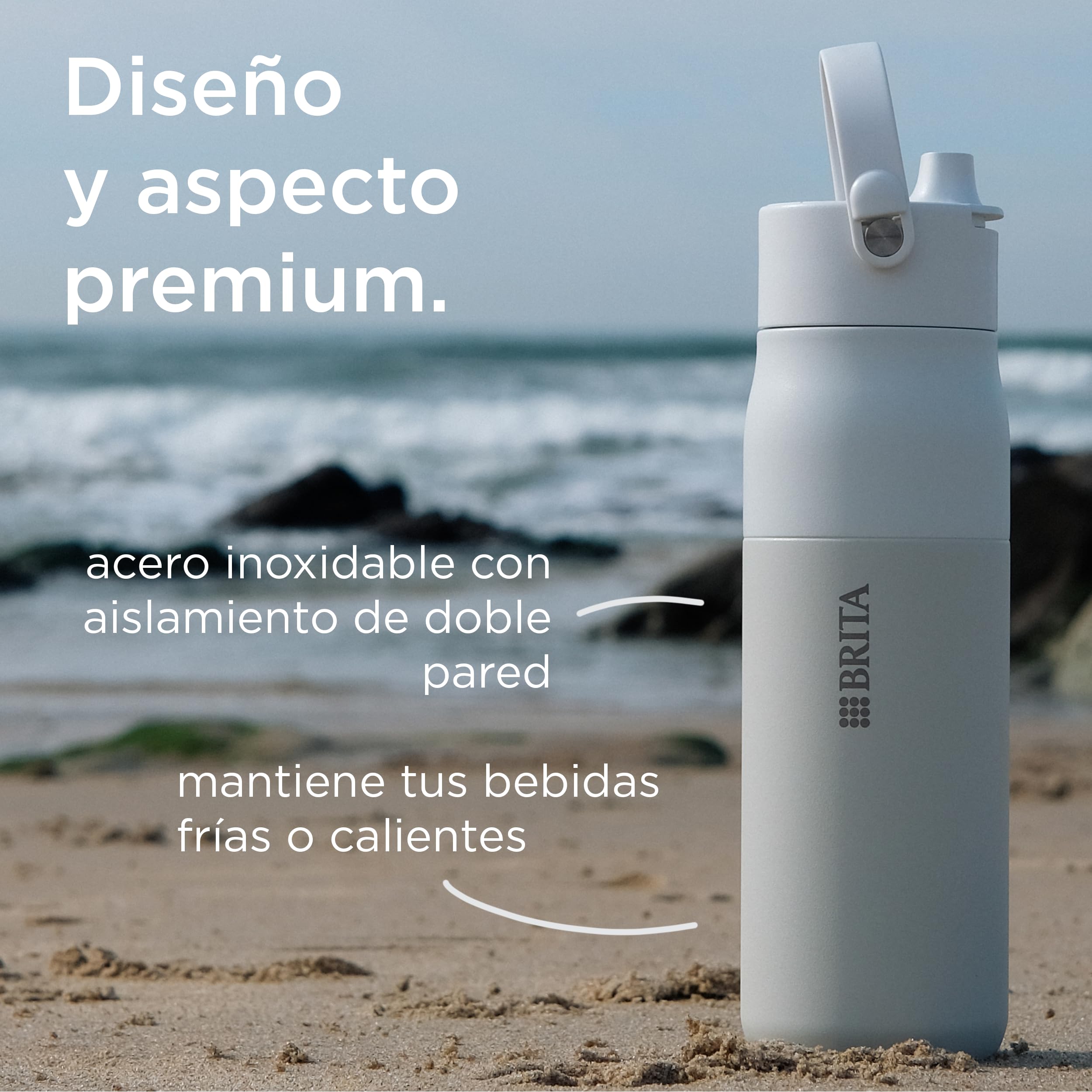 BRITA LARQ Essential botella con pajita Blanco 1000 ml. Botella de agua de acero inoxidable, con aislamiento de doble pared (hasta 24 h de frío), asa soft‑touch extraíble y apta para lavavajillas