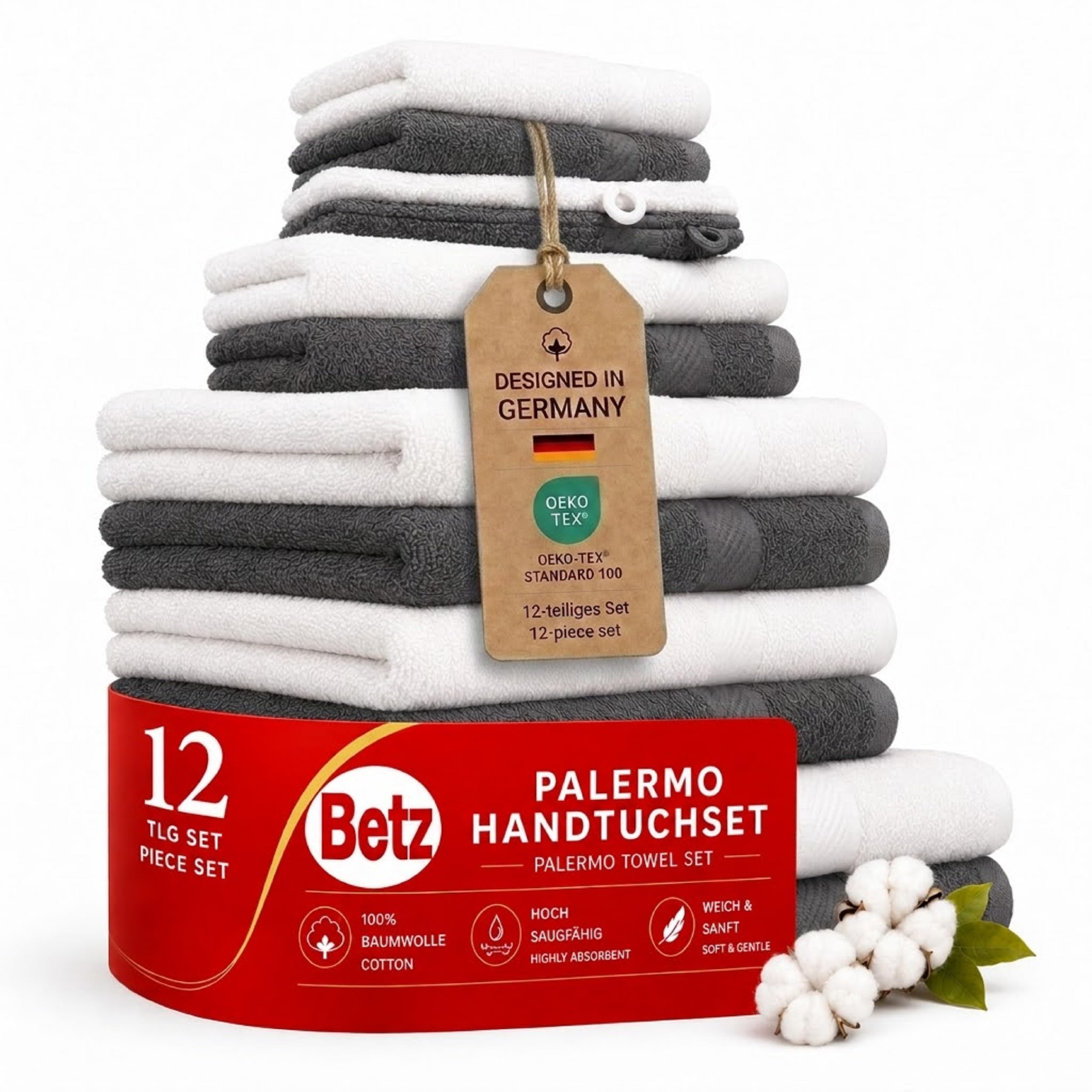 Betz Lot de 12 pièces 100% Coton Palermo 2 draps de Bain 4 Serviettes de Toilette 2 d'invités 2 lavettes 2 Gants de Toilette Couleur Anthracite et Blanc