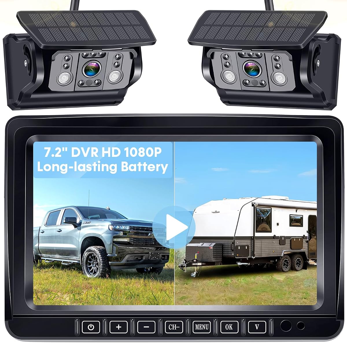 Dual Magnetic Wireless Backup Camera: HD 1080P 1-Min Easy Install No Wiring | IR Night Vision, 7.2" Recording Monitor, 65FT Stable Signal, 18H Battery Life, Solar Powered, for RV Trailer Camper Truck