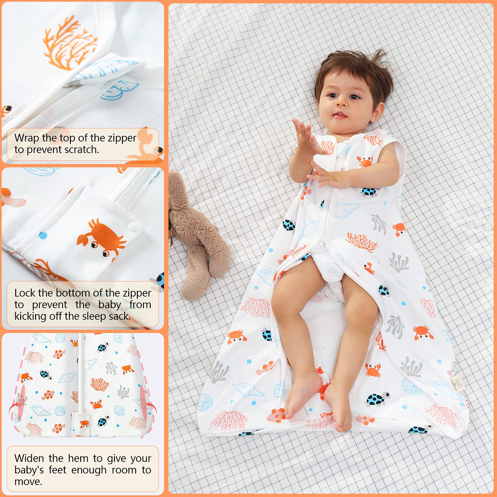 Mosebears Sacco nanna estivo per bambini, 0,5 Tog, 100% cotone, traspirante, sacco nanna (Ocean Animal, L (12-18 mesi)