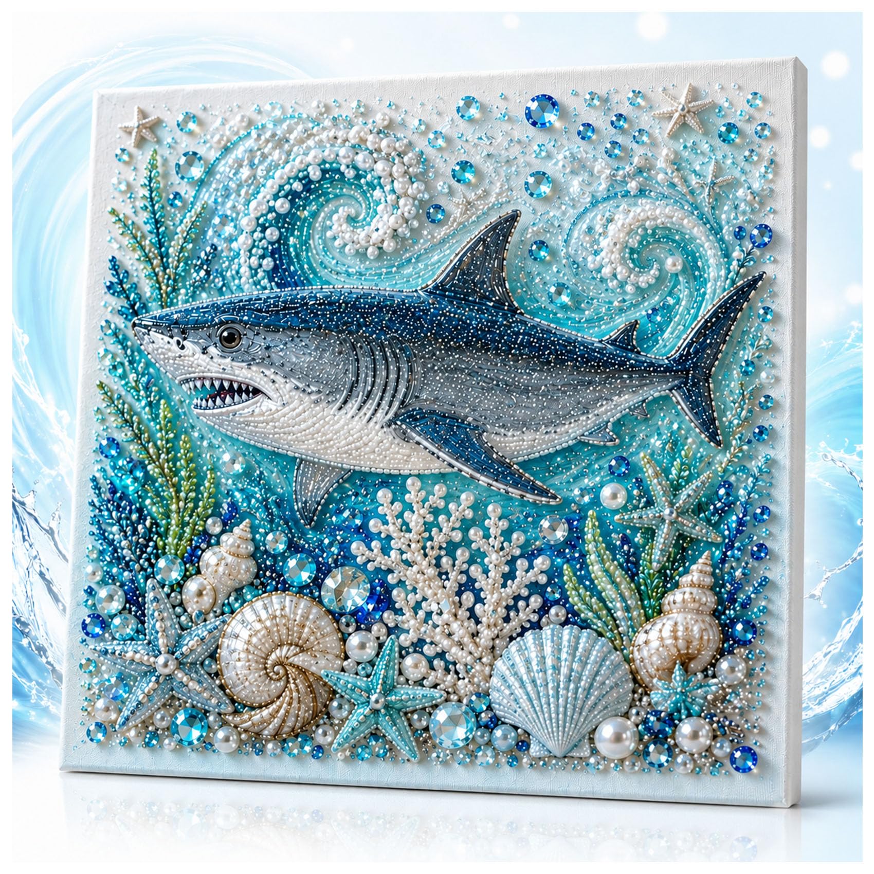Jeeeun Ocean Theme Pearl Art DIY Kit, Pearl Art Kits for Adults and Beginners with 3D Resin Pearls and Rhinestones, Coastal Wall Decor (Shark)
