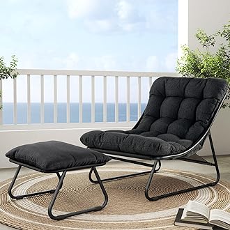 Outdoor Lounge Chair with Ottoman, Comfy Sling Recliner Chair with Puffy Cushion and Foot Stool, Modern Patio Lounge Set for Porch Deck Garden, Dark Gray