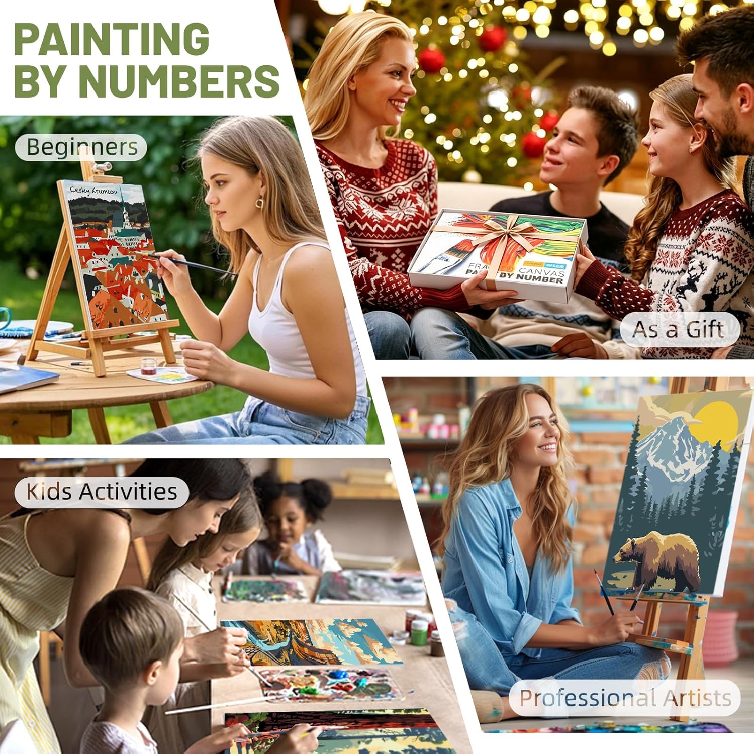 4 Pack Framed Paint by Numbers Kit for Adults Beginner with Wooden Easel, Landscape Easy Paint by Numbers with Frame, DIY Adult Paint by Numbers Kits on Canvas Framed for Home Decor Gift 8x12 Inch