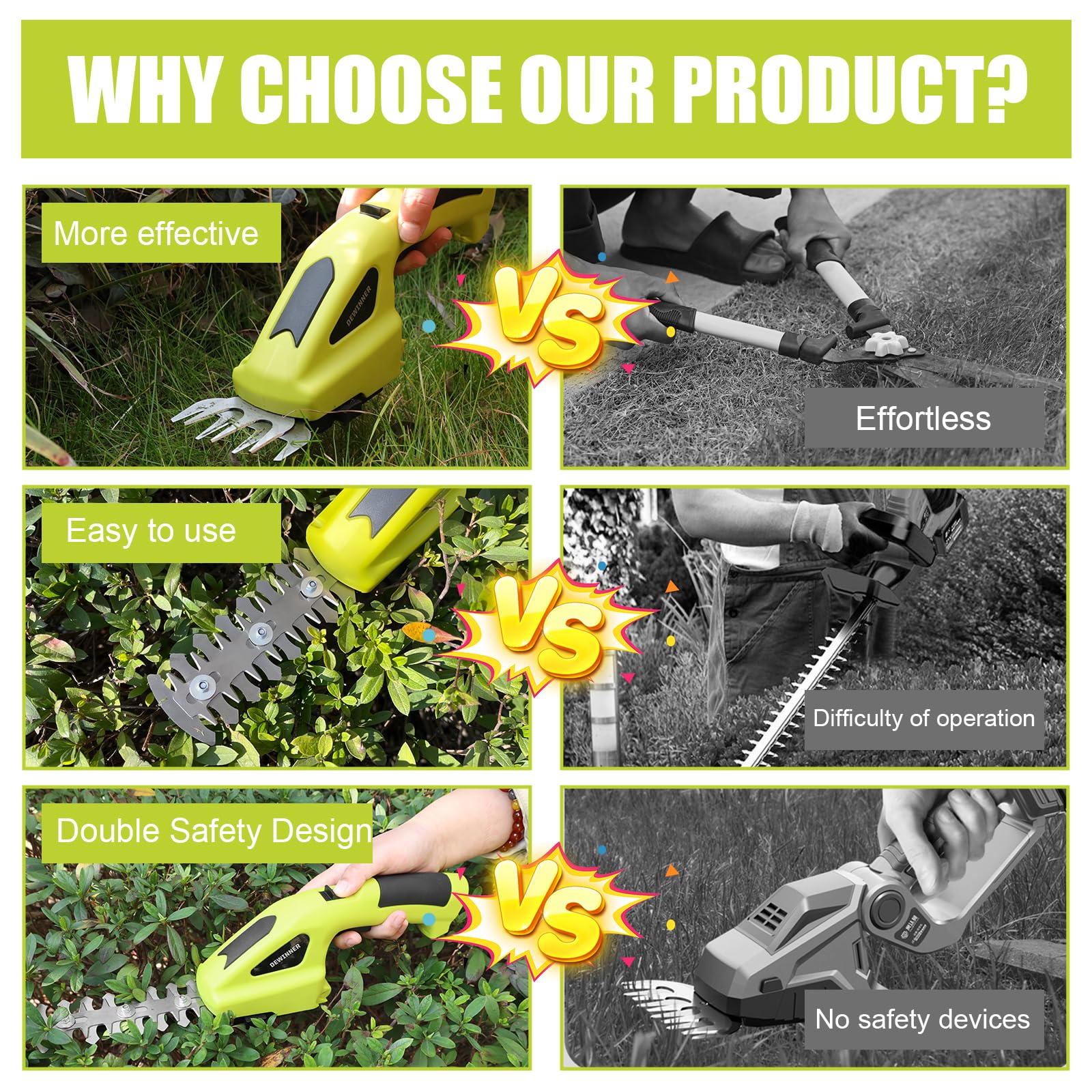 DEWINNER 3 en 1 Cisailles à Gazon, Batterie 3.6V, Cisaille à Gazon avec 2 Lames, Cisaille de Jardin pour Couper Les Haies, Les pelouses, Largeur/Longueur de Coupe 10cm/15cm, Comprend Un Chargeur