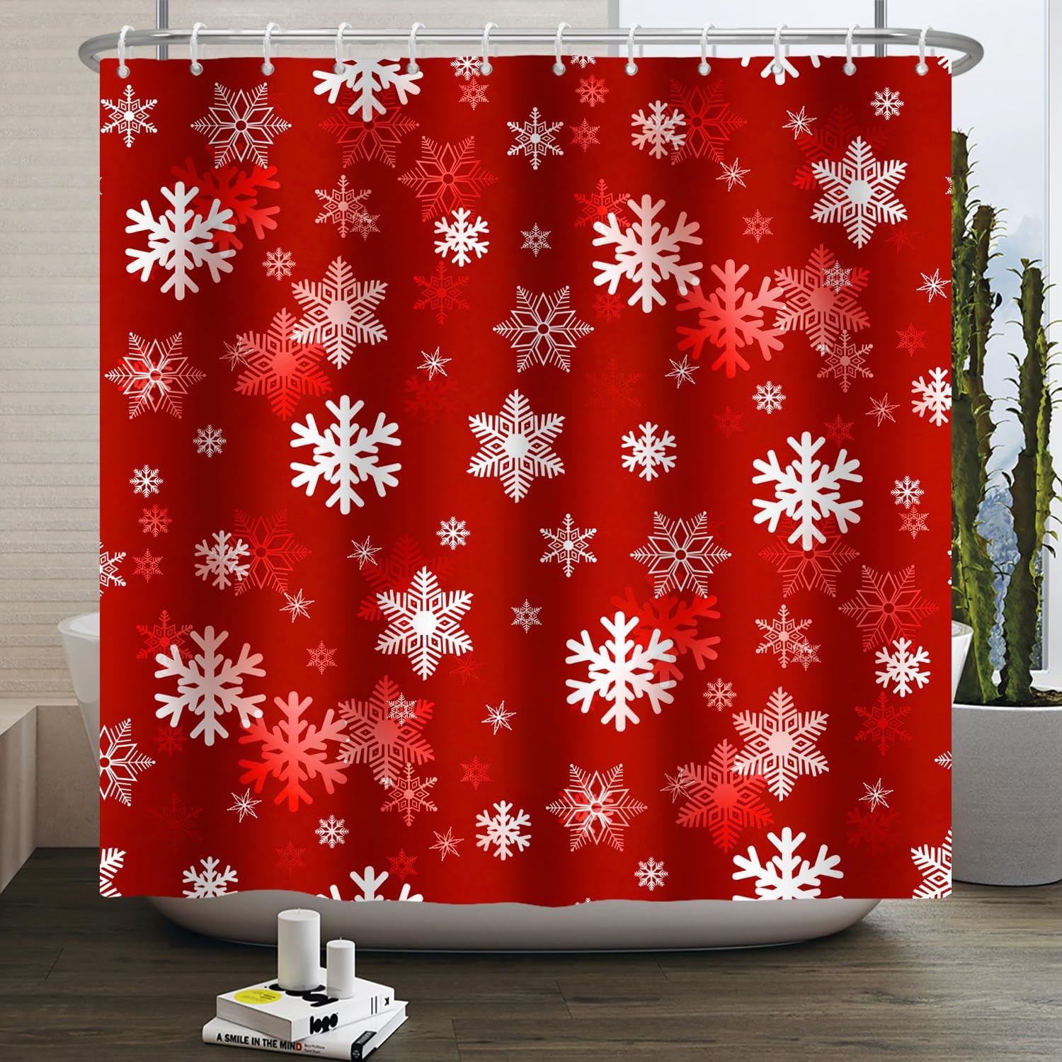 Canessioa Snowflake Shower Curtain Christmas Red Shower