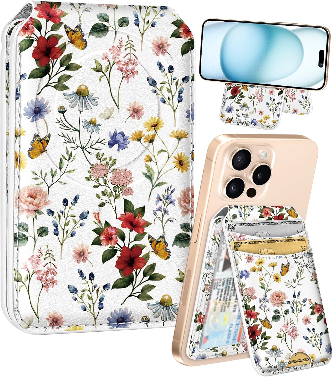 Shorogyt Compatible with Magsafe Wallet for Magnetic Fold Card Holder for Women - Cute Phone Wallet for iPhone 17/16/15/14/13/12 Series,RFID Blocking Stand Printed Leather Fit 4 Cards,Retro Flower