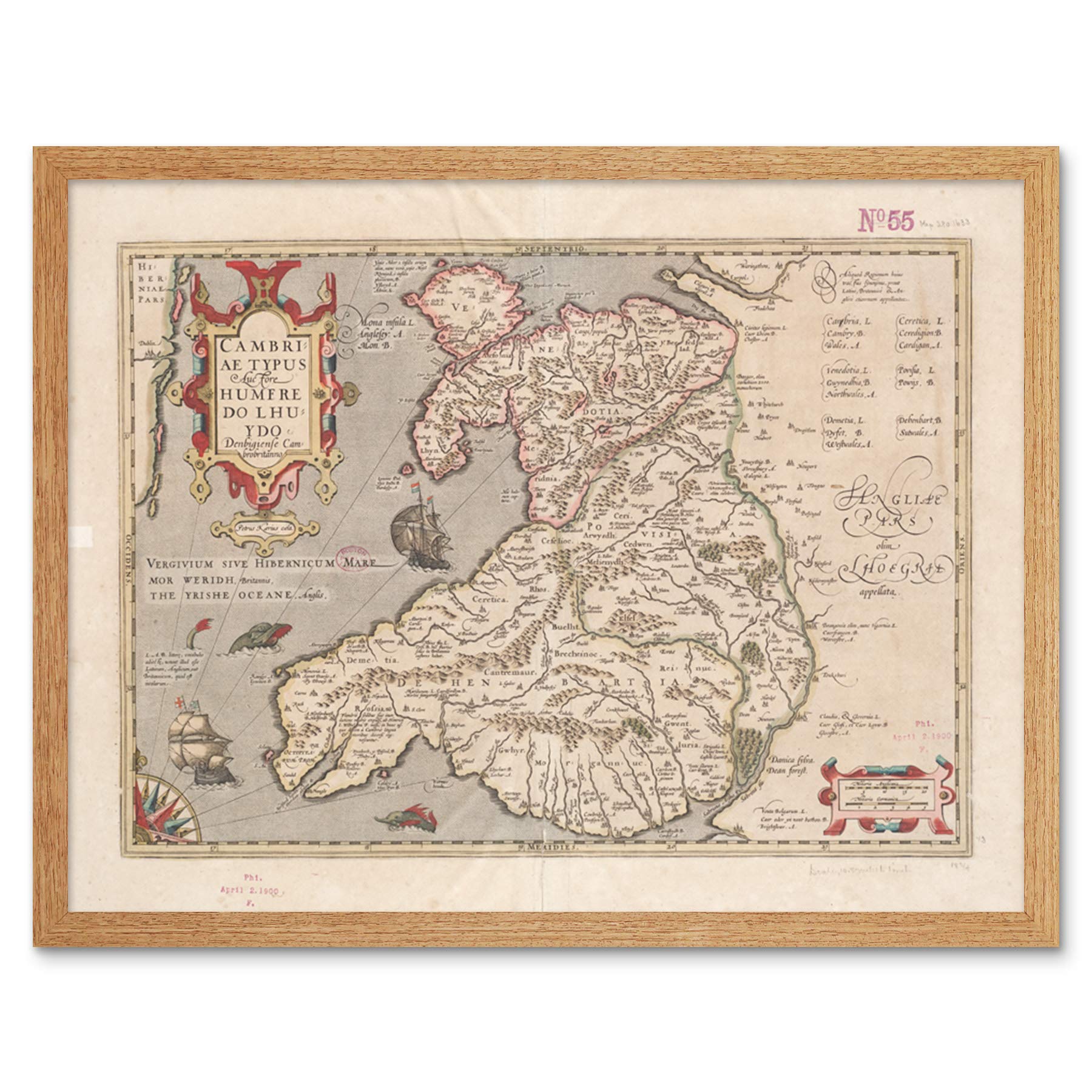 Hondius 1633 Welsh Latin Early Map Wales Cymru Art Print Framed Poster Wall Decor 12x16 inch