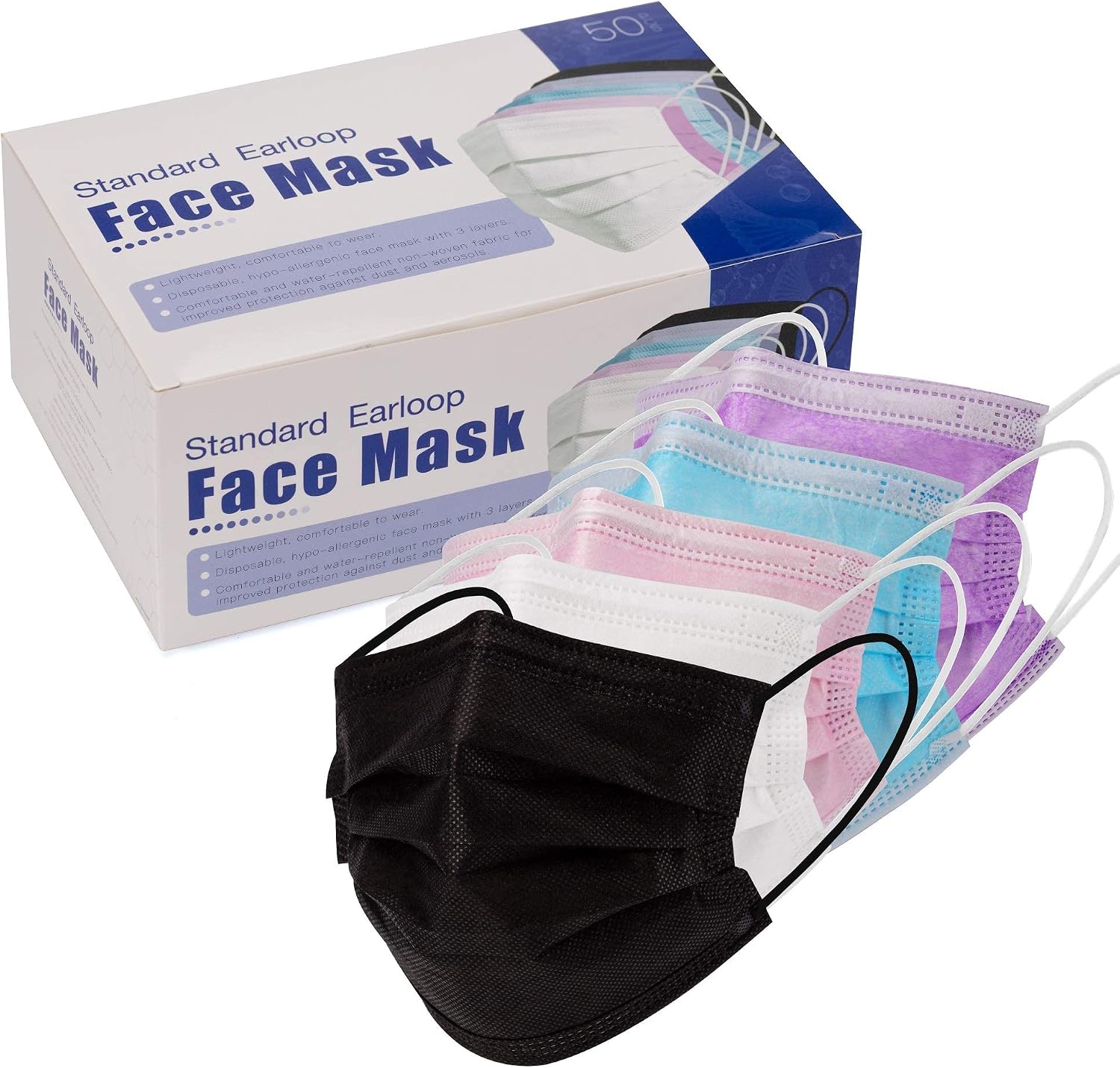 50 PCS Adult Disposable Face Masks with Nose Clip, 3 Ply Adjustable & Breathable Dust Mask (50 PACK-Colorful)