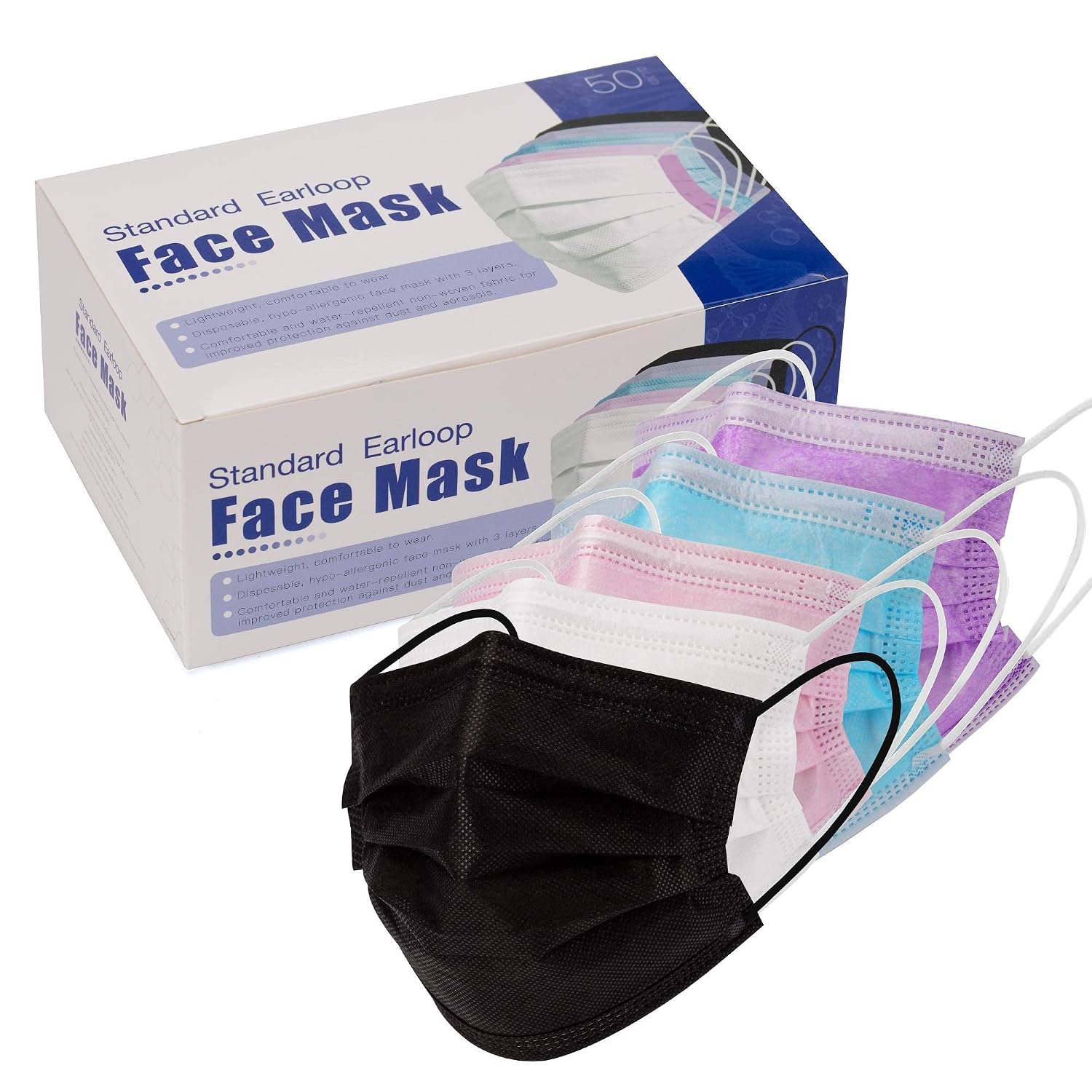 50 PCS Adult Disposable Face Masks with Nose Clip, 3 Ply & Adjustable Dust Masks for Men & Women (Multicolored)