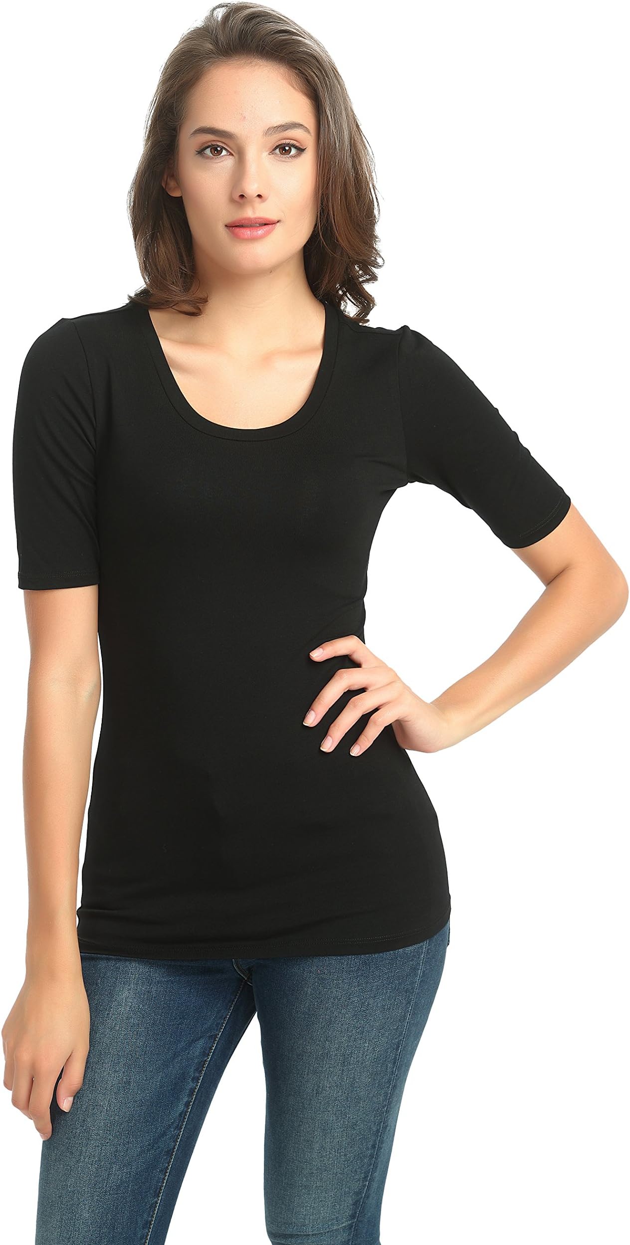 zhAjh Womens Cotton Modal Spandex Triblend Scoopneck Half Sleeve Tee T-Shirt (Black, Small)