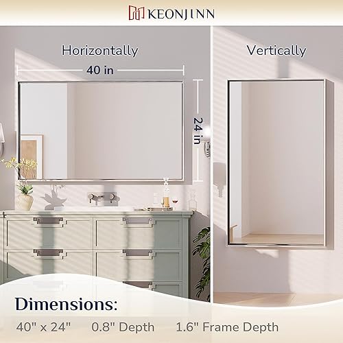 Miniatura 323 de Keonjinn Espejo de baño dorado de 48 x 36 pulgadas, espejo rectangular con marco de metal dorado cepillado, espejo de pared grande rectangular