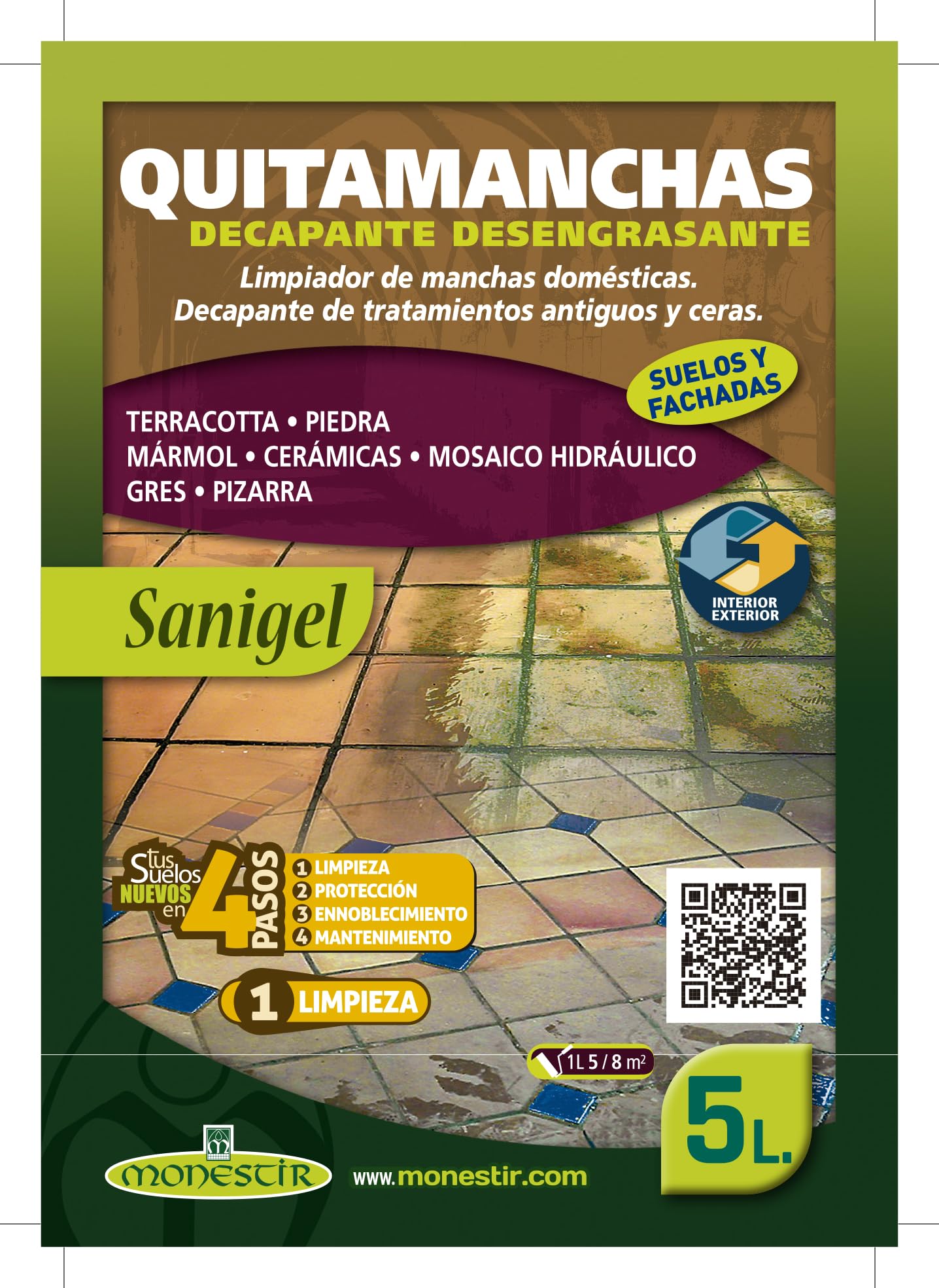 MONESTIR Sanigel Limpiador Suelos, Quitamanchas, Decapante, Desengrasante 5 Litros