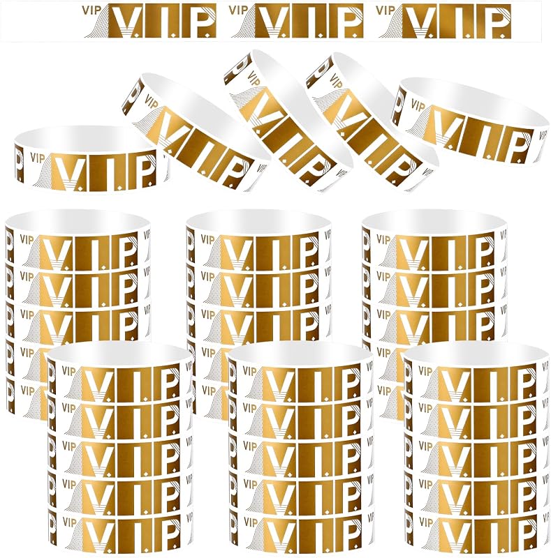 100 Pcs VIP Wristbands for Events, Paper Bracelets Custom Wrist Bands VIP Lanyards Waterproof Admission Personalized Lightweight Bands for Parties, Concerts, Clubs, Festivals, Amusement Parks (Gold)
