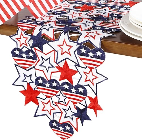Miniatura 7 de Juego de 4 manteles individuales patrióticos navideños de 14 pulgadas, bufanda bordada de estrellas azules y rojas para el día de la independencia