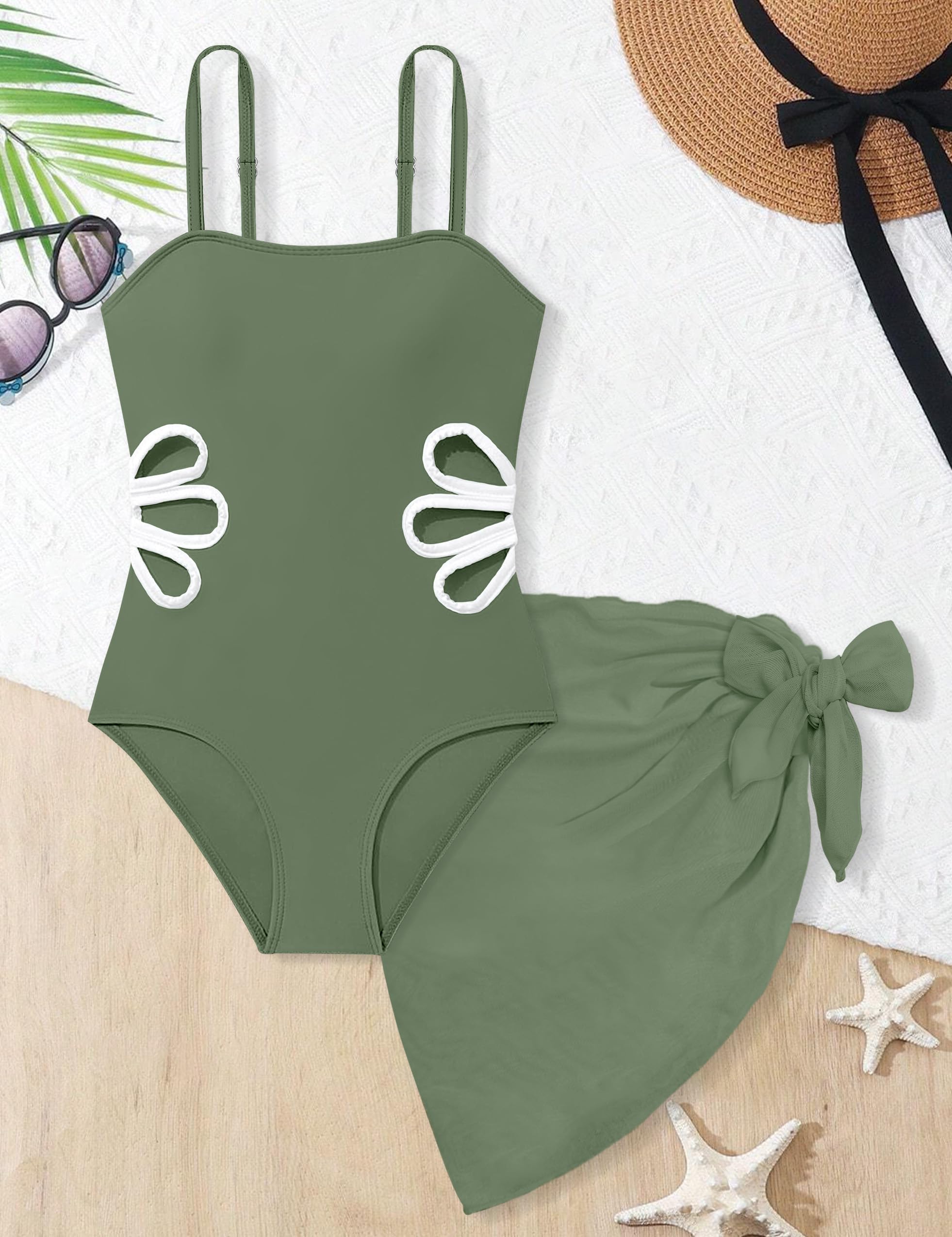 Traje de baño de una pieza con tirantes ajustables recortados y falda de color liso para niñas