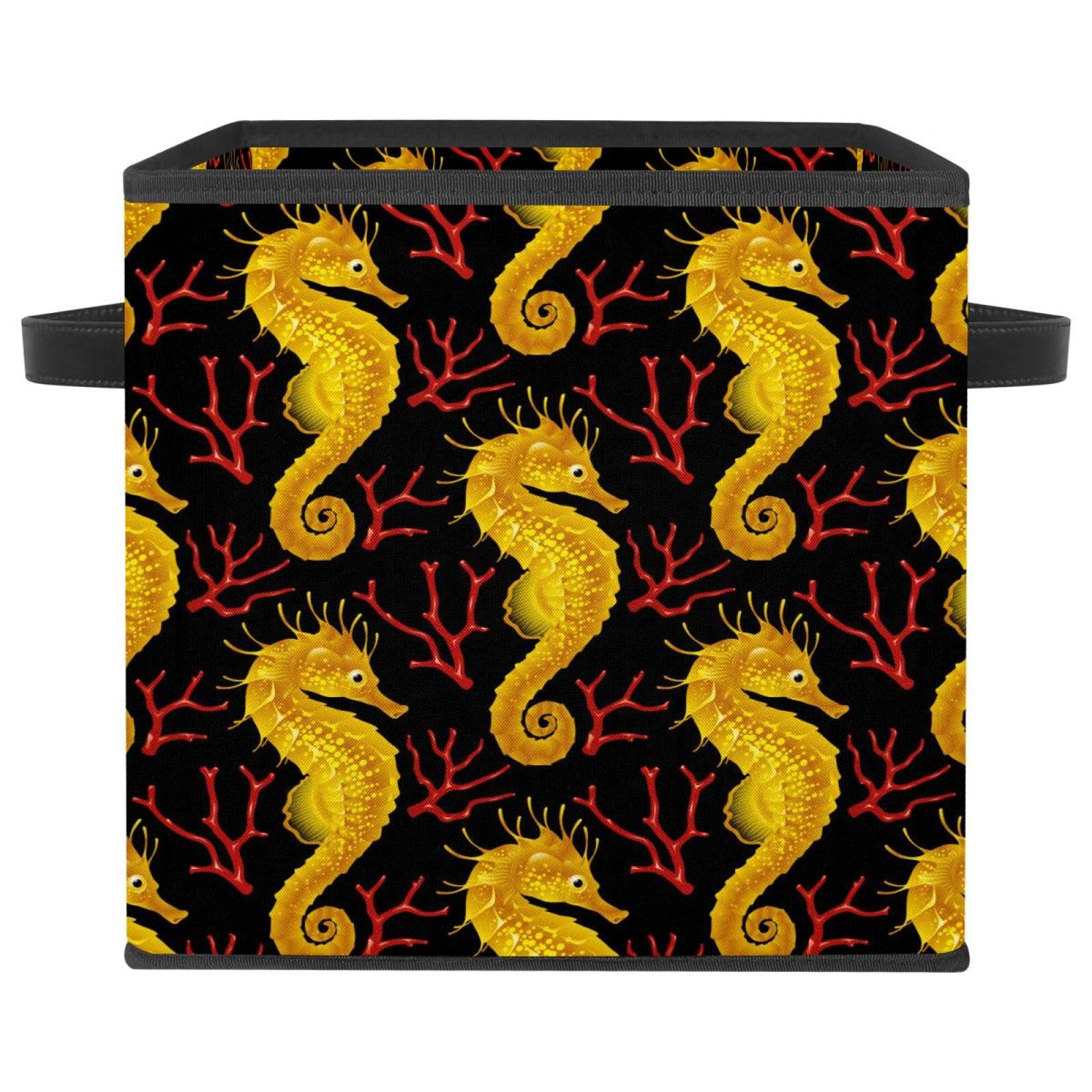 Boîte de rangement pliable cube avec poignées solides et motif hippocampe jaune décoratif