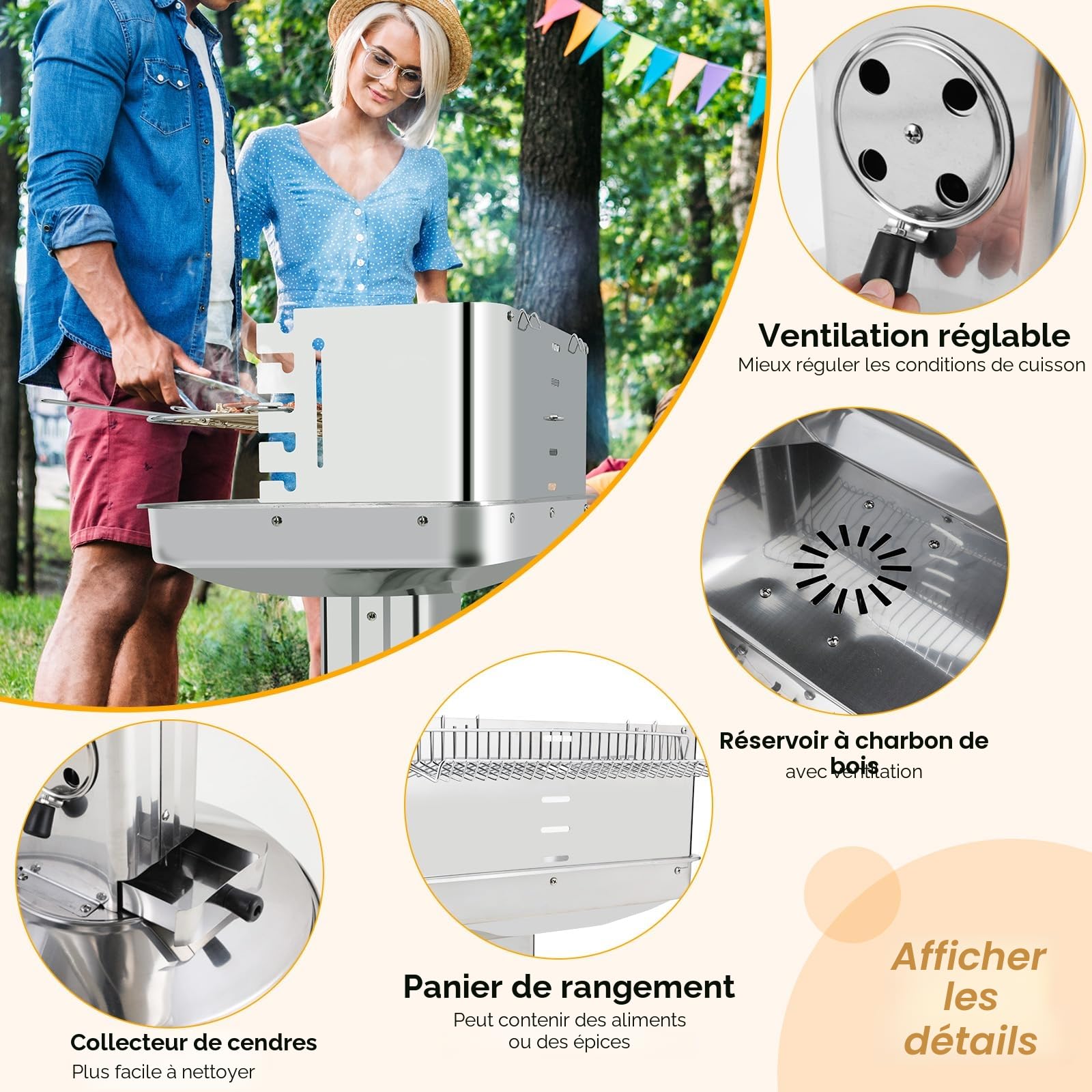 TLGREEN 57*38*90 cm Barbecue à charbon de bois en acier inoxydable, Outdoor | Hauteur réglable en 5 directions, Barbecue à colonne avec grille de chromée, Cendrier et ventilation,BBQ,Plage,Jardin,Camping