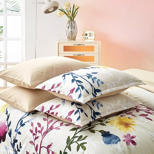 Miniatura 5 de Juego de edredón de 7 piezas beige en una bolsa, tamaño King, diseño de sirsaca suave, juego de ropa de cama de microfibra para todas las