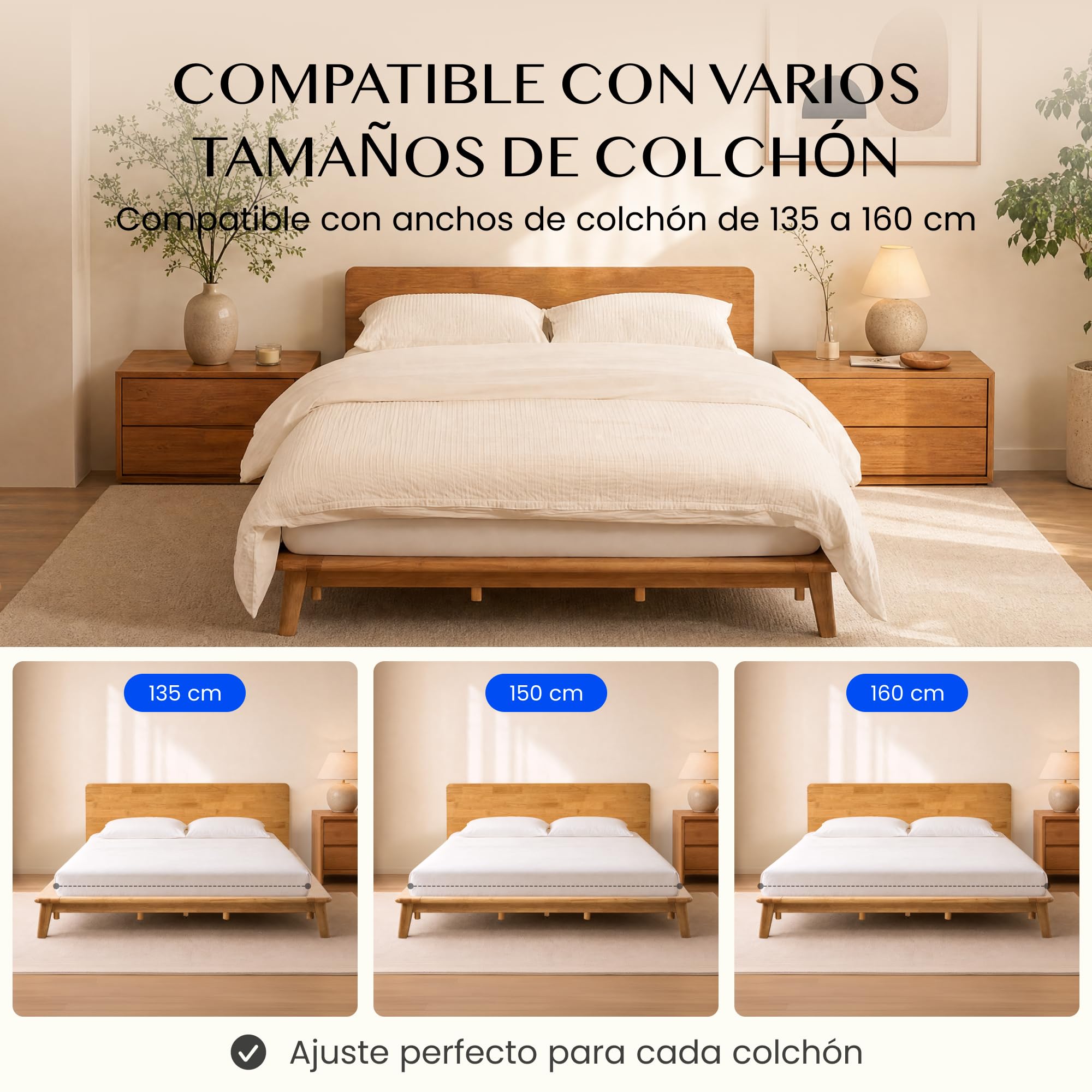 FLEXISPOT Cama de Madera Maciza 160x200 cm, Cama Doble de Madera de Caucho Natural, Sin Formaldehído, Montaje Sin Herramientas, Cabecero con Estante, Diseño Japandi, Cama Matrimonio Hako G1