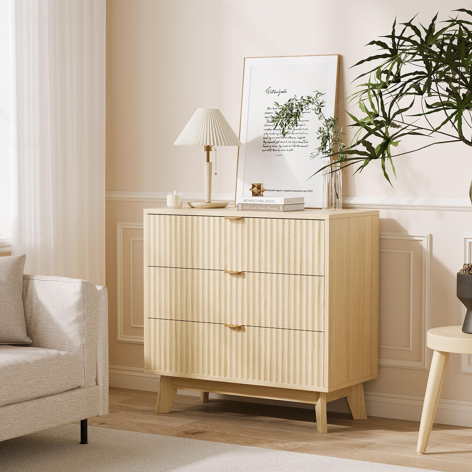 GarveeLife Commode à 3 Tiroirs, Meuble De Rangement en Bois Clair Naturel avec Finition Verticale, Dimensions 80 x 40 x 79 cm, Design Scandinave pour Chambre Et Salon
