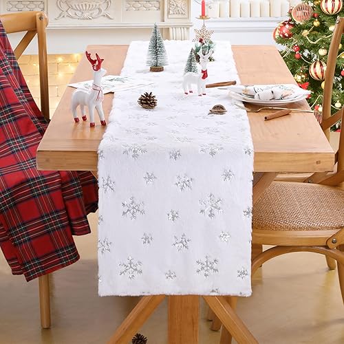 Miniatura 5 de Camino de mesa blanco de 13 x 72 pulgadas, camino de mesa de Navidad con lentejuelas plateadas, camino de copos de nieve para Navidad, invierno,