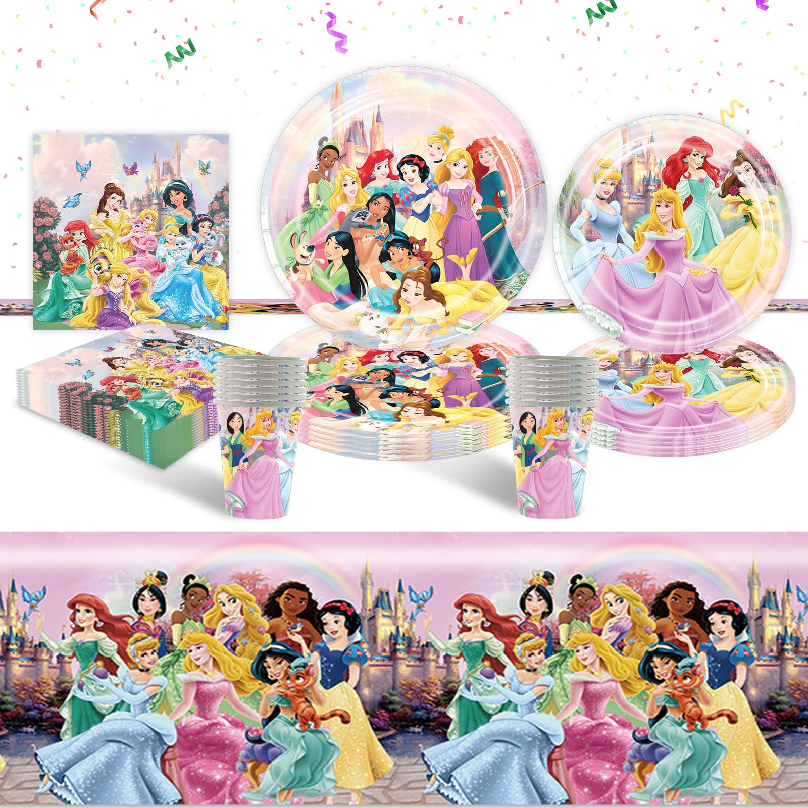 Luchild Princess Party Tableware Set- 51Pcs Princess Children's Birthday Party Tableware Decoration Princess Themed Party Supplies Plates Cups Napkins and Tablecloth for Kids Baby Showers Girls Party