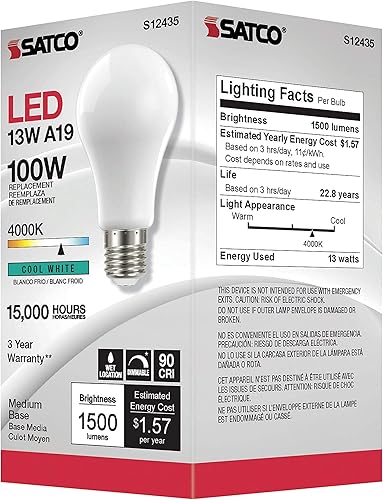 Miniatura 6 de Satco Paquete de 6 lámparas de filamento LED regulables, S12435, lúmenes altos, 13.5 vatios, A19; blanco suave; base media; 4000 K; 90 CRI; 120
