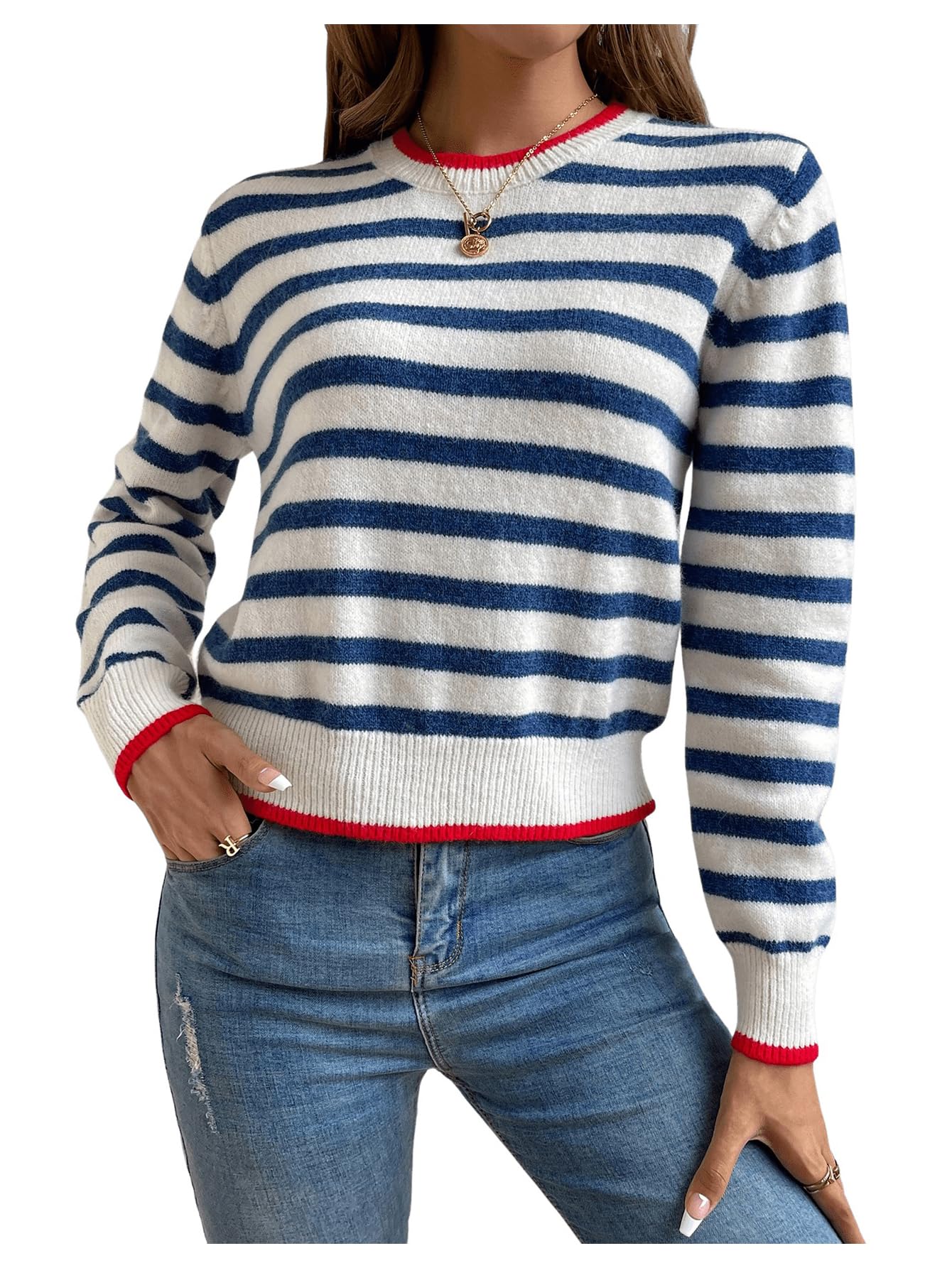 Milumia Womens Striped Print Sweater Round Neck Long Sleeve Knit Pullover Fall Winter Outfit