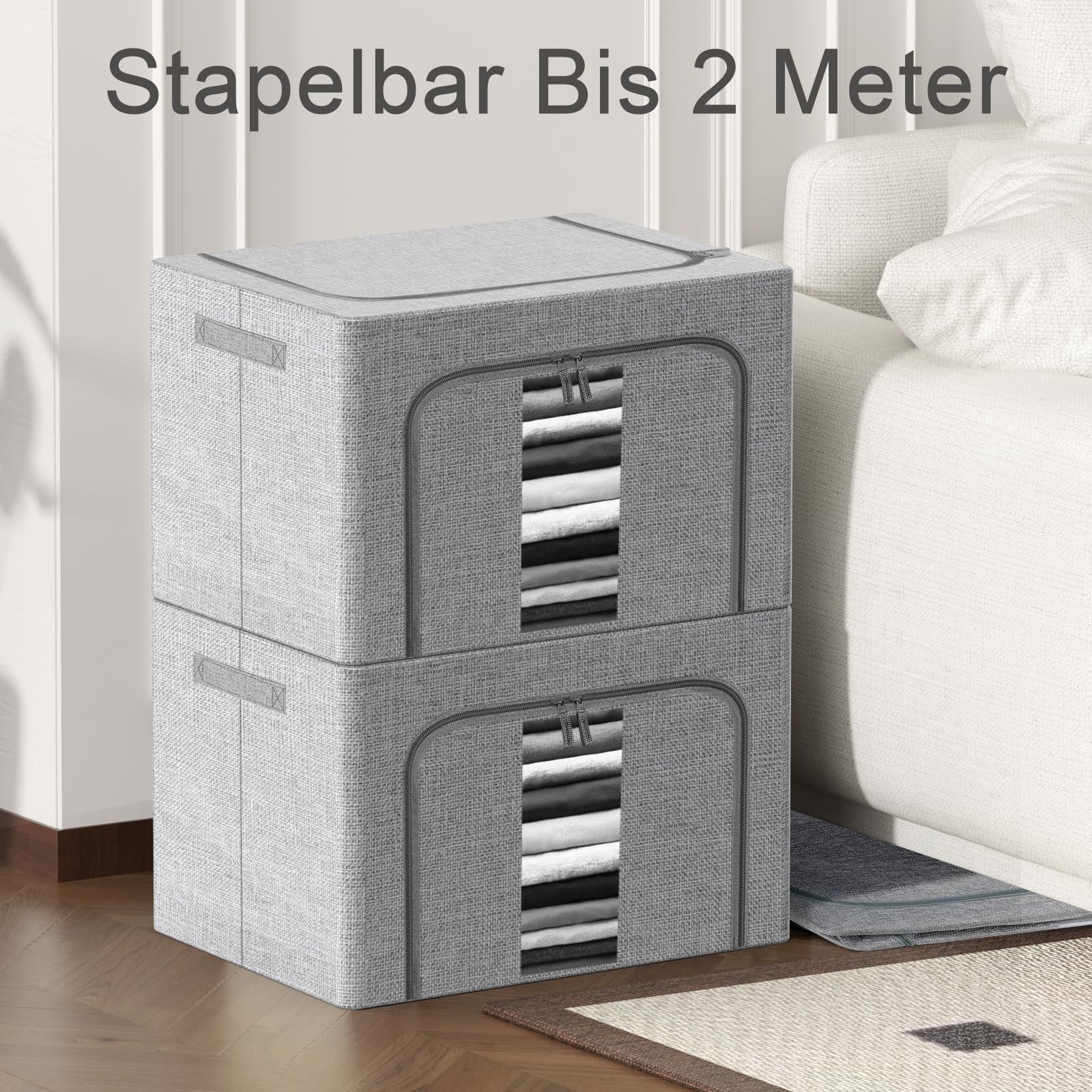 Aufbewahrungsbox 100L 2er Set, Leinenstoff mit Metallrahmen, faltbar mit transparentem Fenster, dichtem Reißverschluss & Griffen, staub- & feuchtigkeitsbeständig für Kleidung, Bettwäsche
