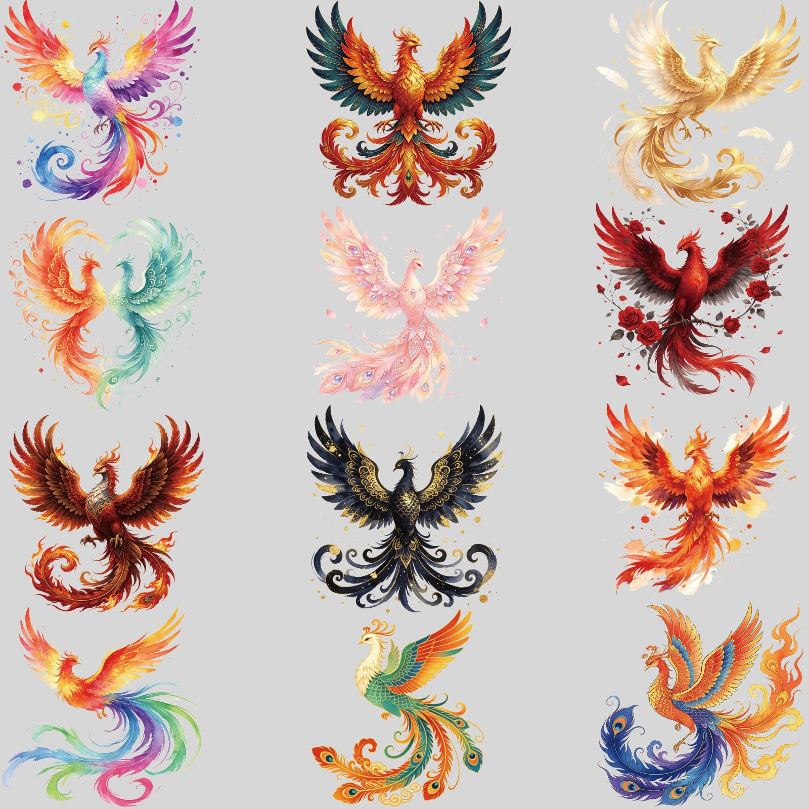 SUPERDANT Exclusive Phoenix Iron On Decals 12Pcs Colorful Heat Transfer Stickers 25x21~25cm/9.84x8.27~9.84inch for Custom Patches On Jackets T-Shirts and Hoodies