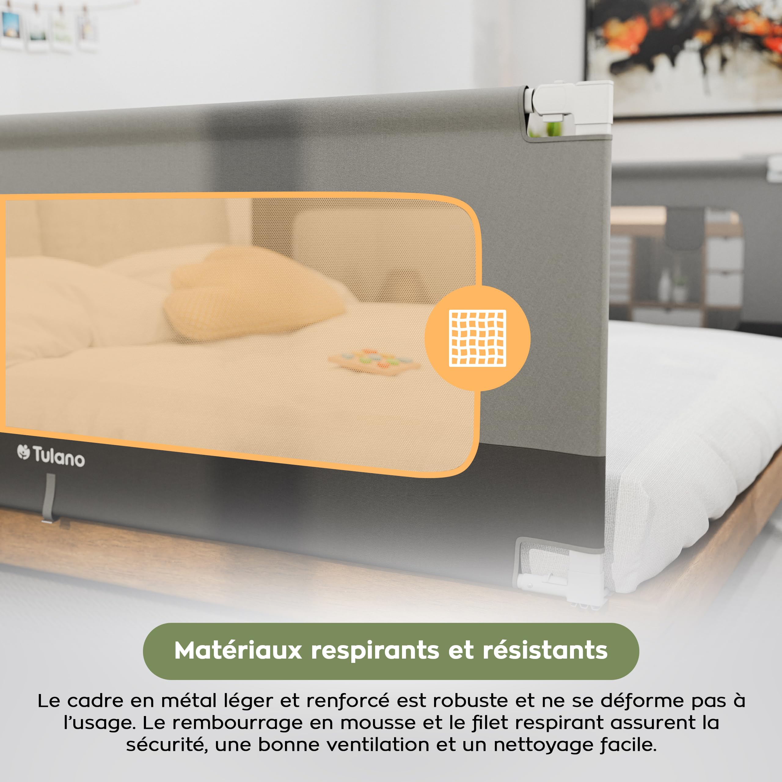 TULANO Cover 46 Barrière de lit Enfant 160 cm – Barrière de sécurité lit Rabattable – Réglable en Hauteur 18 Niveaux – Protection Contre Les Chutes Nocturnes – avec Poche latérale - Gris
