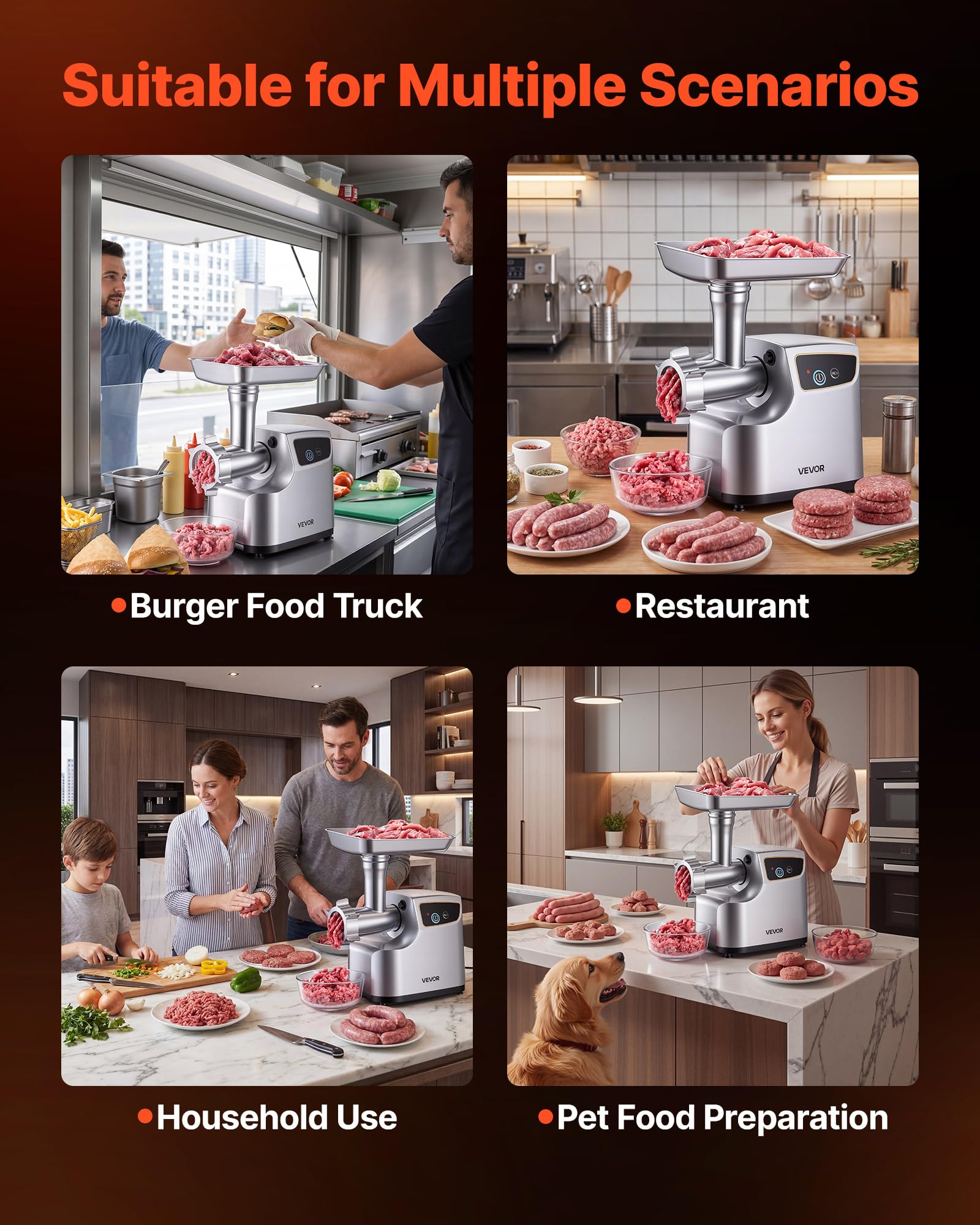 VEVOR Tritacarne Elettrica 700 W da Cucina in Acciaio Inox, Tritacarne Capacità 2,3 kg/min con 3 Dischi 3 Tubi per Salsicce Salami Carne con Piedini Antiscivolo, Cucina Commerciale Ristorante Hotel