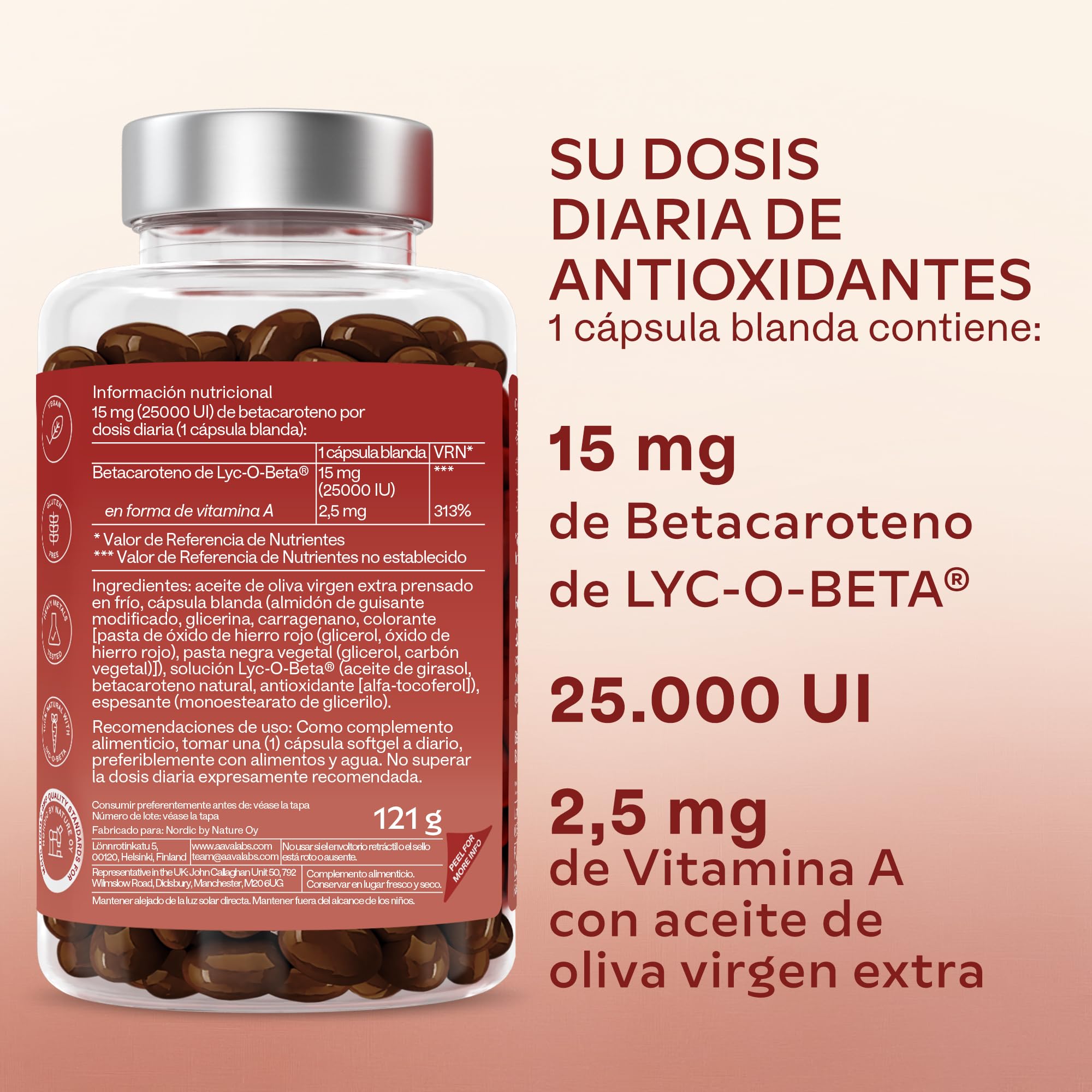 Betacaroteno [ 25 000 ui ] Vitamina A - 180 Cápsulas con Patentado Lyc-O-Beta - Con Aceite de Oliva Extra Virgen - Apoyo Natural Para el Bronceado, Ojos, Piel y Sistema Inmunológico
