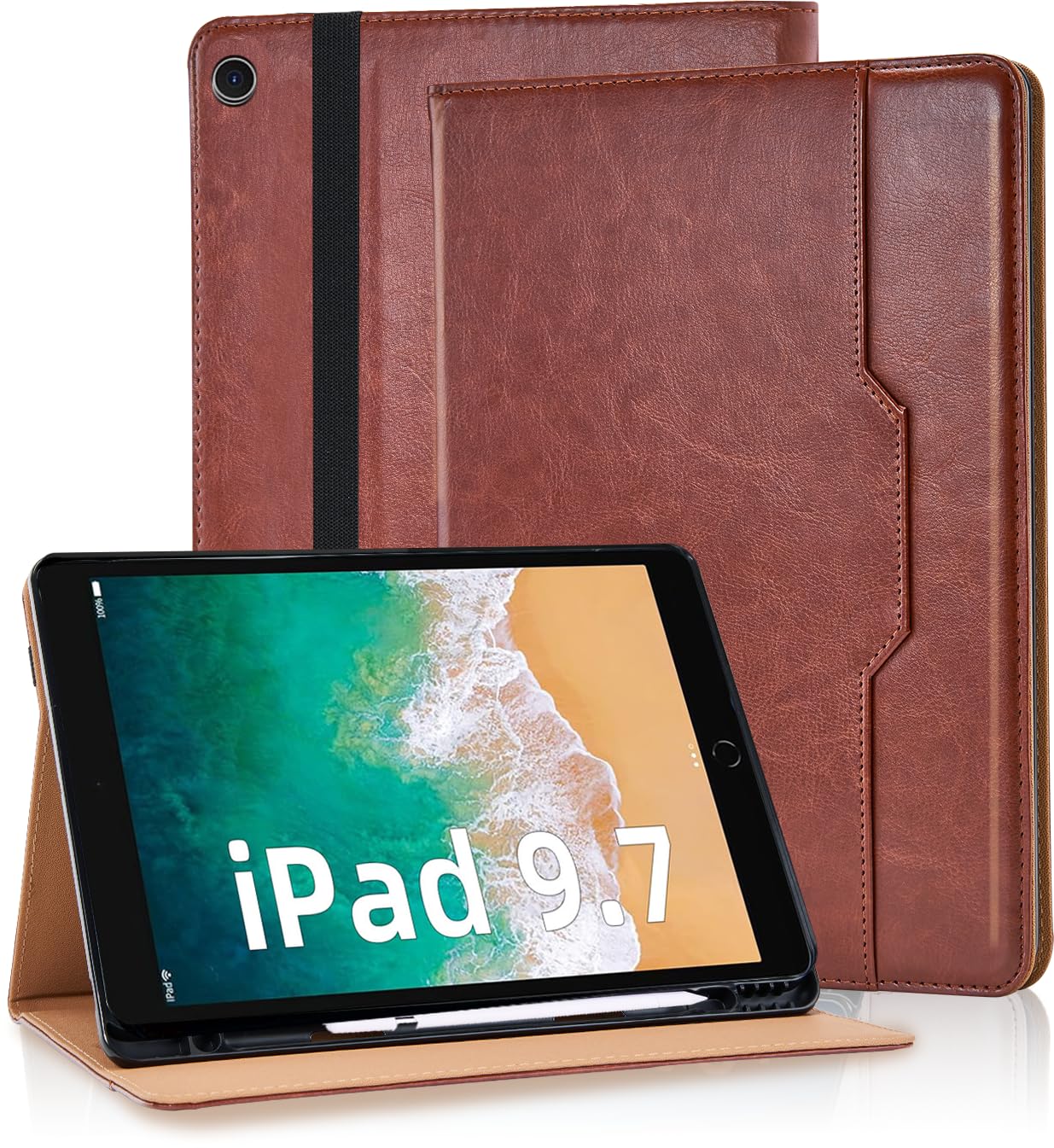 Schutzhülle Für IPad 9,7 Zoll (2018/2017) Mit Stifthalter & Kartentaschen – PU-Leder, Auto Sleep/Wake