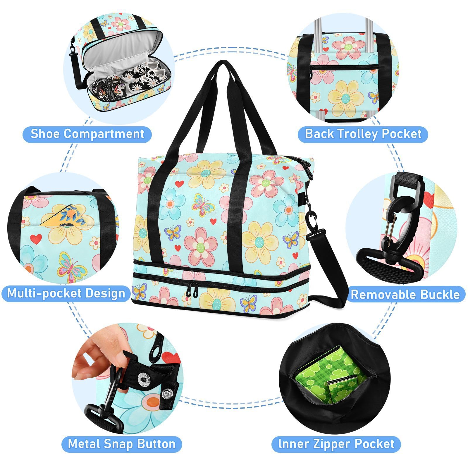 2-teiliges Set mit bunten Blumen, Gepäck, Reisetasche, Handgepäcktasche mit Kulturbeutel für Geschäftsreisen