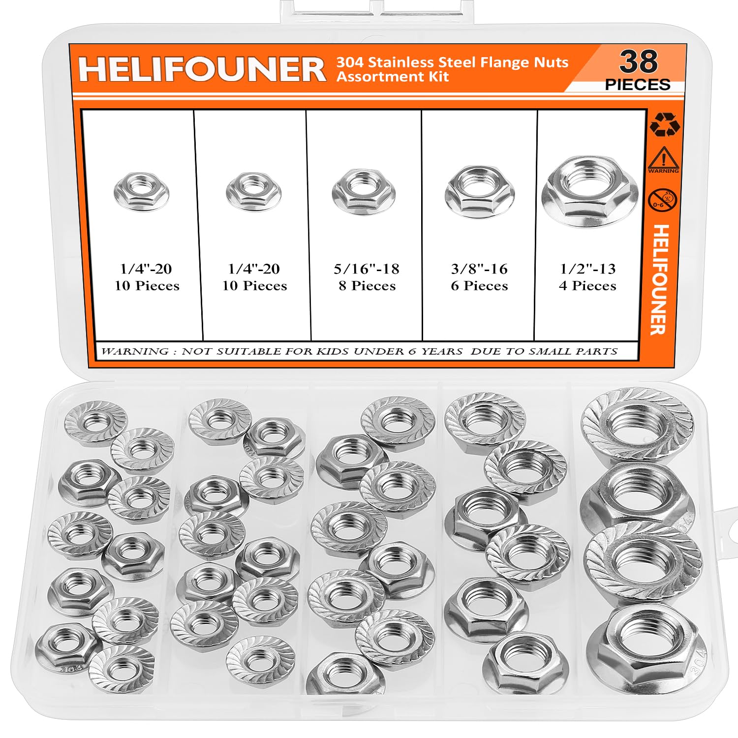 HELIFOUNER 38 Pieces 4 Sizes Flange Nuts, Serrated Flange Hex Lock Nuts Assortment Kit, 304 Stainless Steel (1/4"-20 5/16"-18 3/8"-16 1/2"-13)