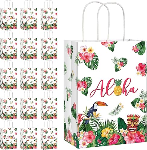 Pajean Paquete de 16 bolsas de regalo hawaianas Luau Party Summer Tropical Palm Leaf Bolsa de papel con asa para dulces Verano Tropical Aloha