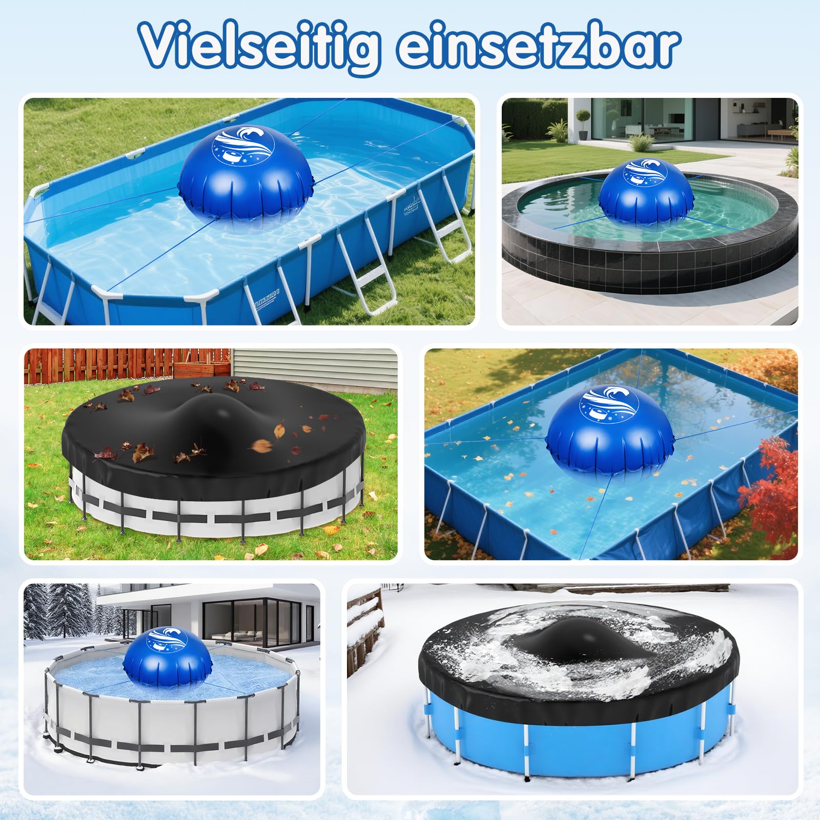 Poolkissen Winter rund Ø 3,6 m für Aufstellpools, Pool-Luftkissen | Winterkissen für die Poolabdeckung aus 0,6 mm PVC mit Doppelnaht, kältebeständig, aufblasbar, mit Seil zum Eisdruckausgleich
