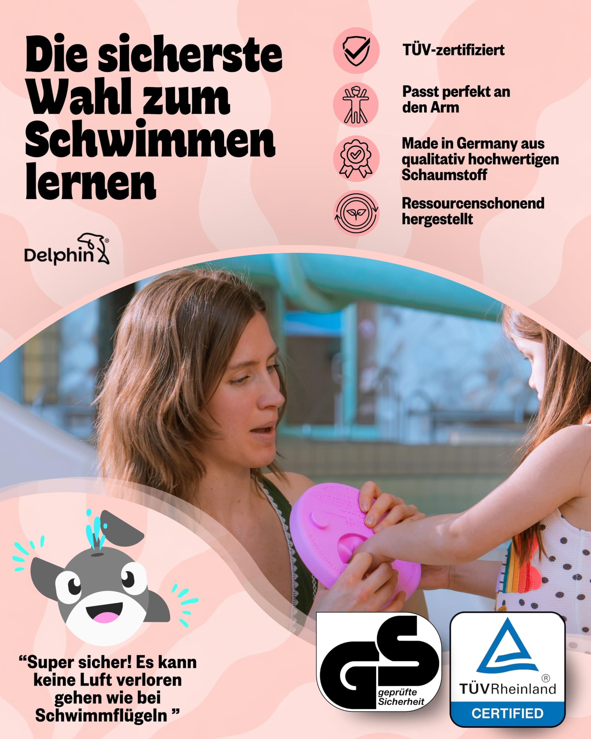 TÜV geprüfte Schwimmlernhilfe für Kinder 1–8 Jahre mit Sportbeutel