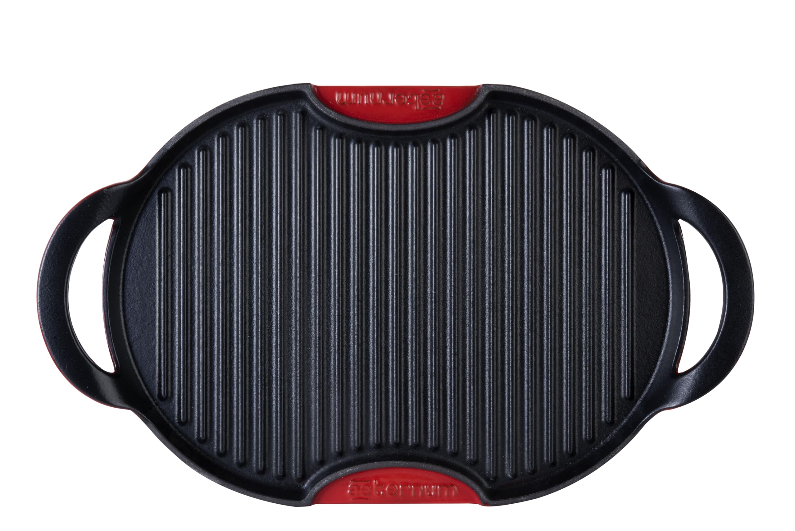 Aeternum, Ghisa Viva, Grill in Ghisa Ovale con Base in Legno, Diametro 36x26 cm, Adatto all'Induzione, Adatto al forno, Nero/Rosso, Antiaderente