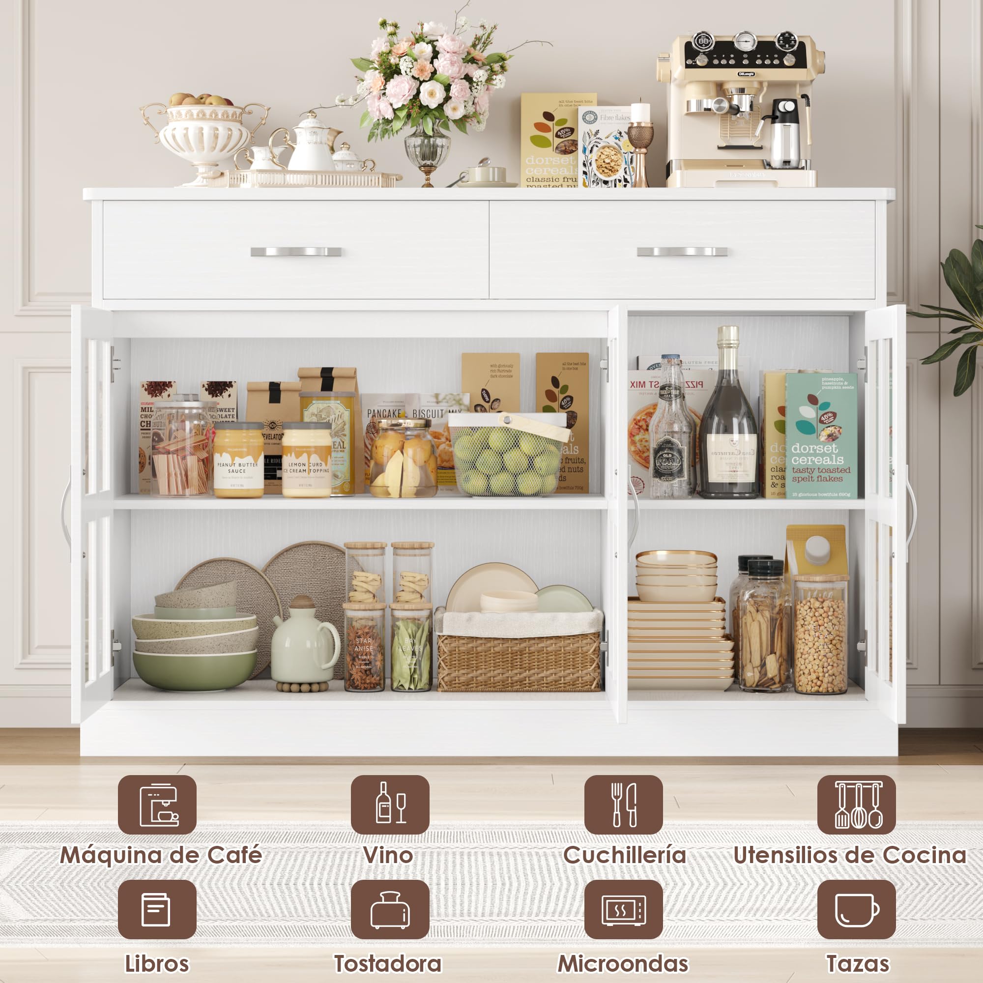 FirFurd Aparador Cocina con 3 Puertas de Cristal, Vitrina Salón, Muebles de Cocina, Aparador Comedor, Armario Buffet con 2 Cajones, Estantes Ajustables, Blanco 120x40x84cm