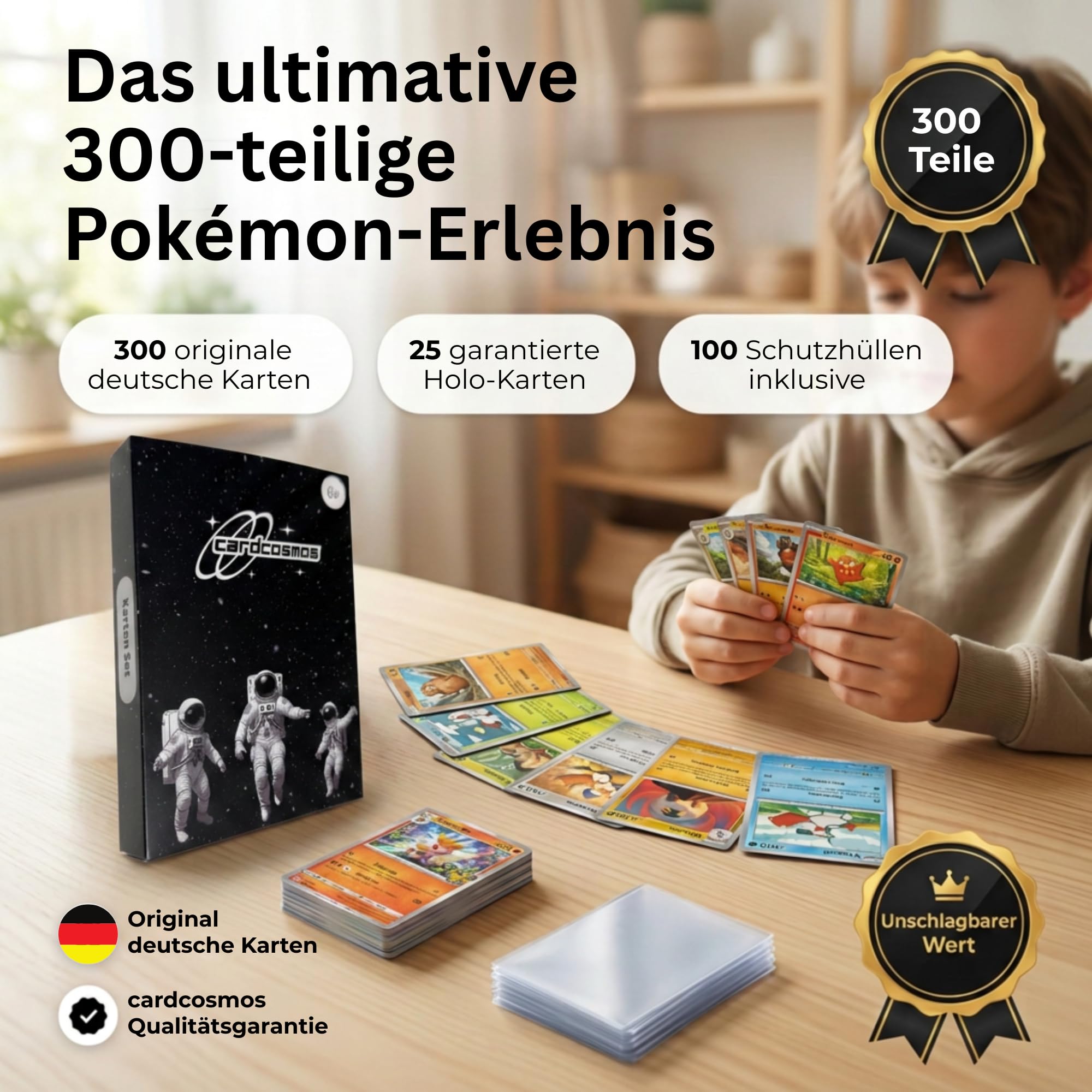 200 Karten Set - Pokemon Karten Deutsch – Originale Pokemon Sammelkarten inkl. 25 Holo/Reverse Holo + 100 Kartenhüllen – TCG Bundle – Sammelkarten Geschenkbox – Geschenk für Kinder & Sammler