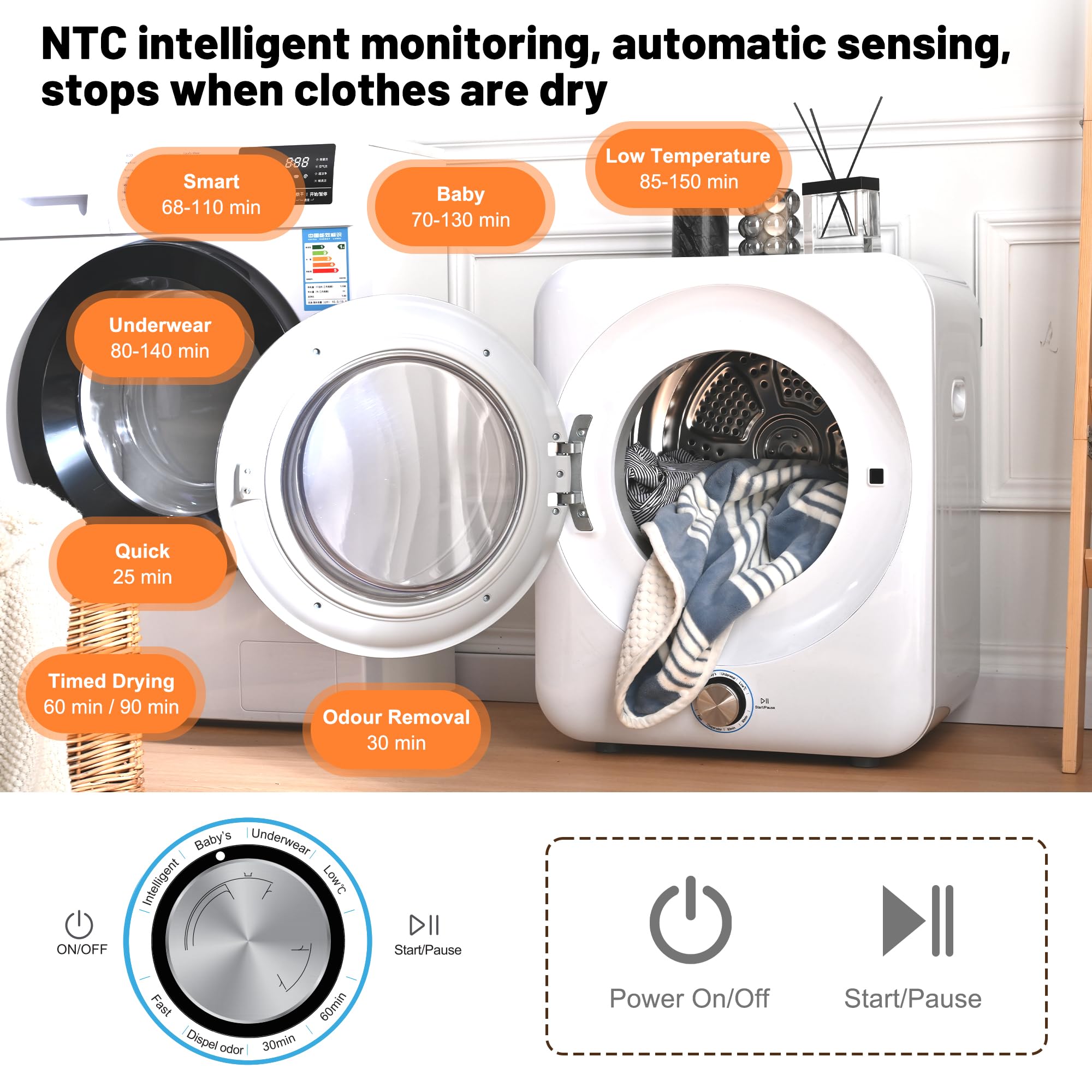 Sèche-Linge À Évacuation 3 Kg Silencieux Compact 8 Programmes Capteur NTC Double Filtration Lavable Installation Murale Pose Libre