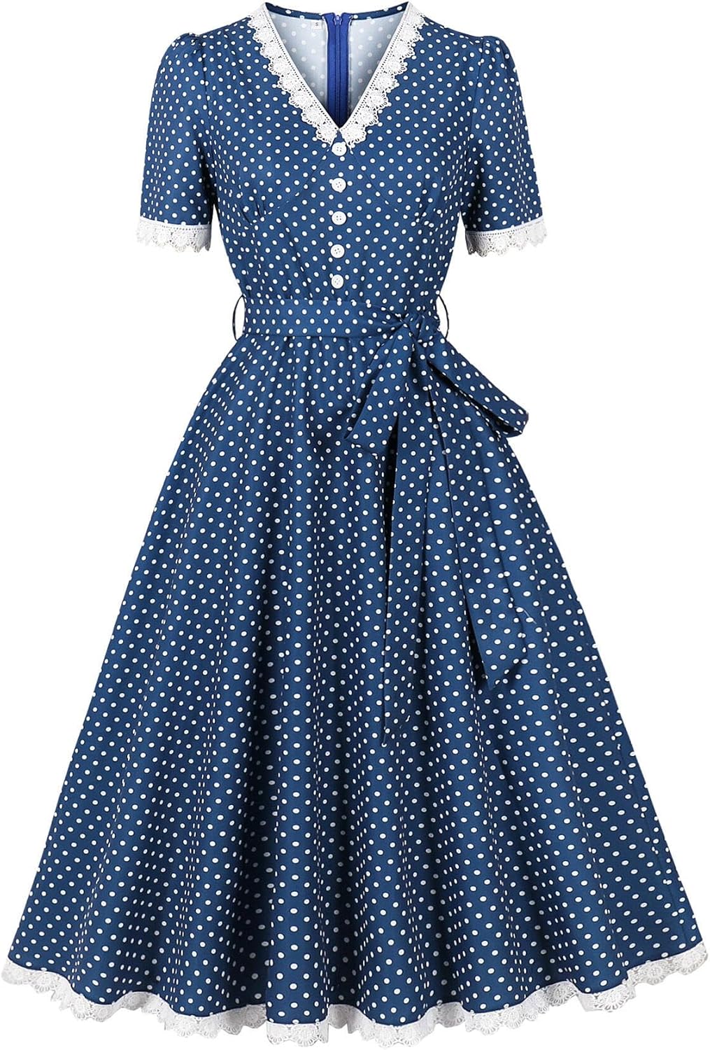 Wellwits Women's Lace Trim V Neck Polka Dots Midi Elegant Vintage Dress