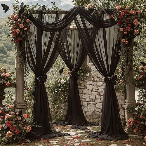 Miniatura 7 de Tela de cortina de arco de boda, 2 paneles de 18 pies, cortinas de gasa transparente negra de 6 yardas para decoración de boda, ceremonia de