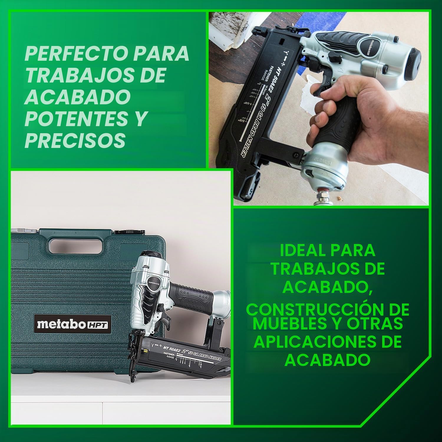 Metabo HPT Clavadora Brad NT50AE2 - Clavadora neumática ligera para trabajos de corte de precisión y construcción de muebles, profundidad ajustable, calibre 18, clavos de 5/8 pulgadas hasta 2 pulgadas