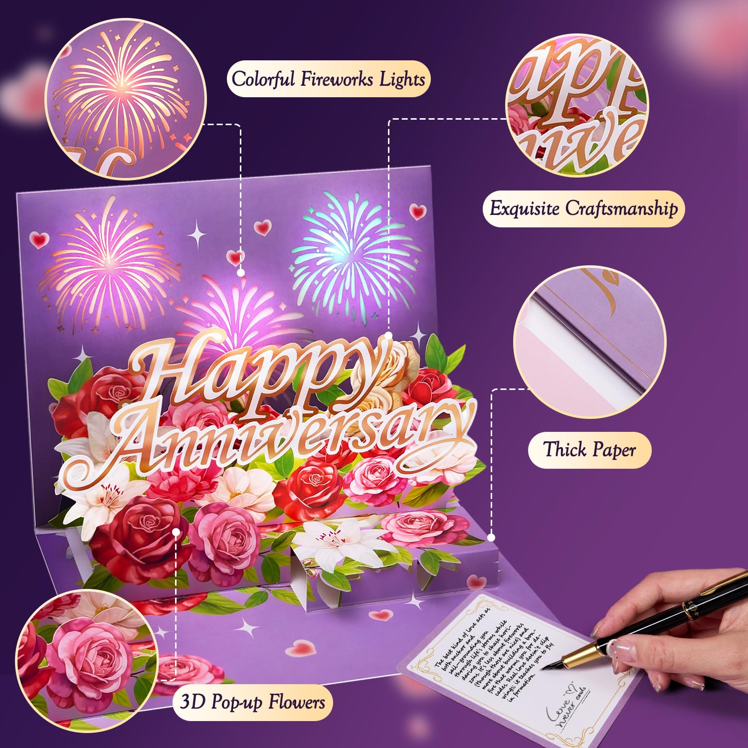 Airpark Tarjeta de aniversario con música y luces, tarjeta de feliz aniversario 3D desplegable para esposa, artículos esenciales de aniversario para ella/él/esposo/pareja/con fuegos artificiales y