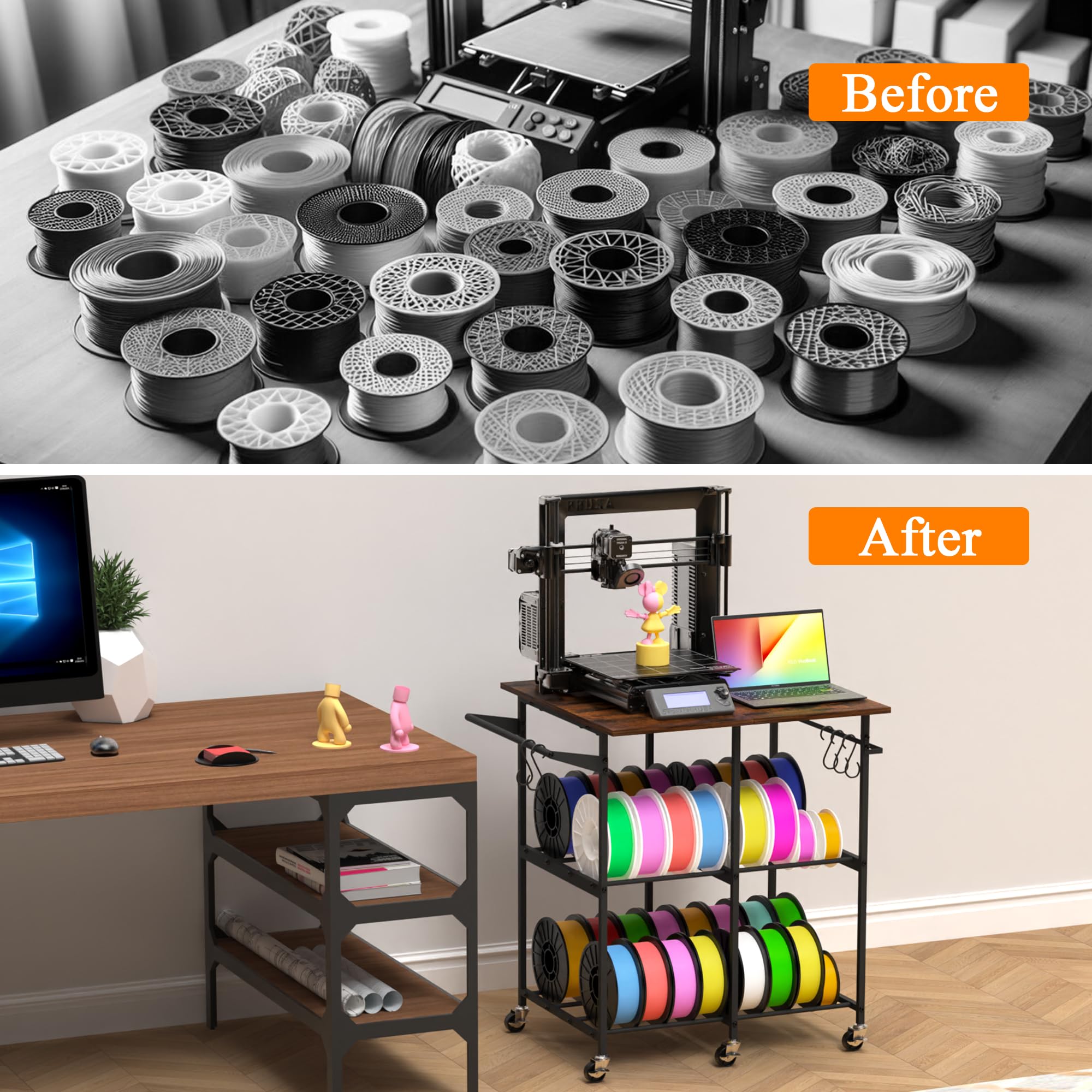 Supporto per stampante 3D con rack di stoccaggio per filamenti, carrello per stampante 3D su ruote, grande capacità 3D filamento rack di stoccaggio per PLA/ABS/TPU, officina studio ufficio